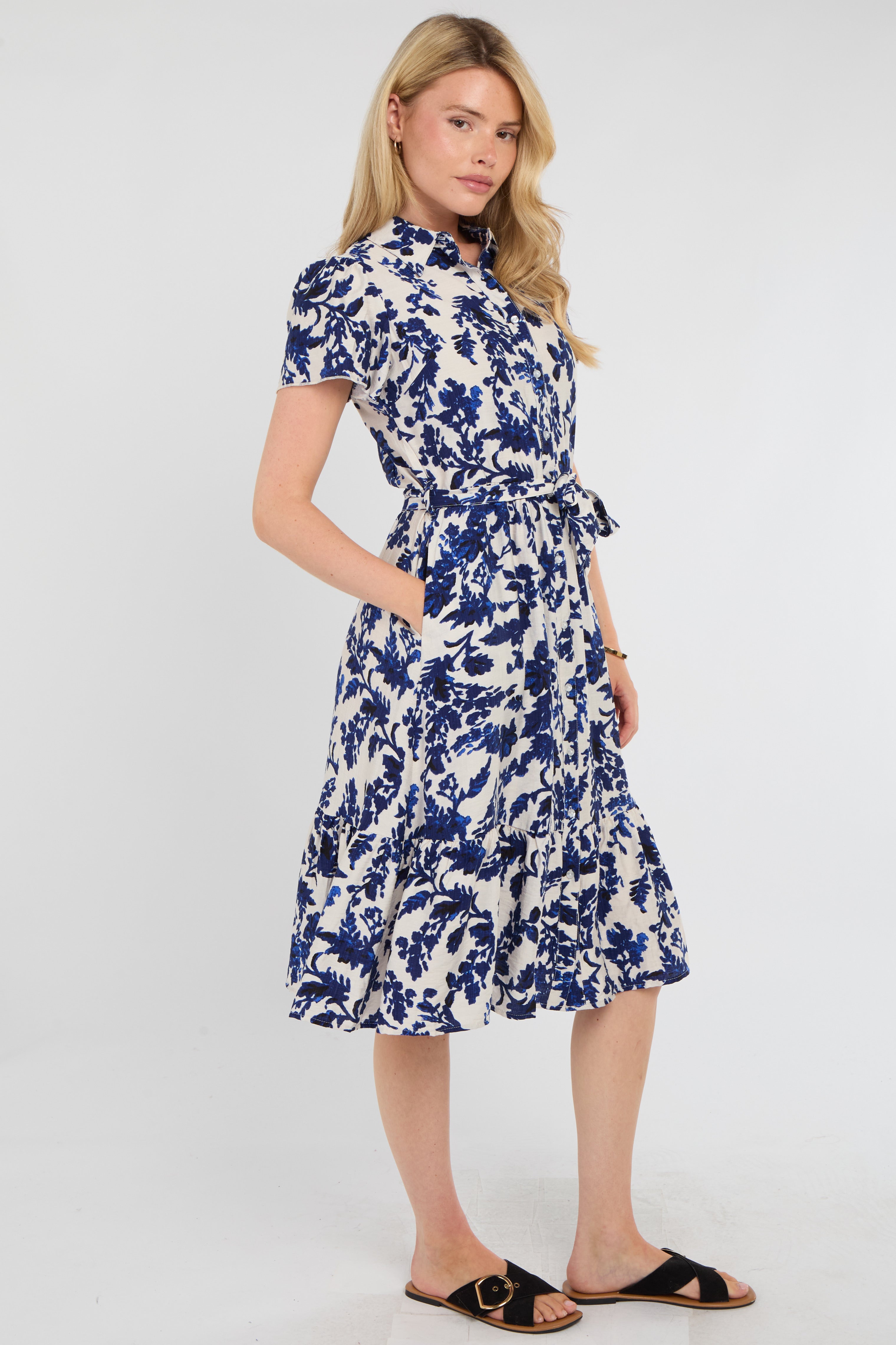 8Pcs Cobalt Leaf Print Linen-Blend Midi Shirt Dress