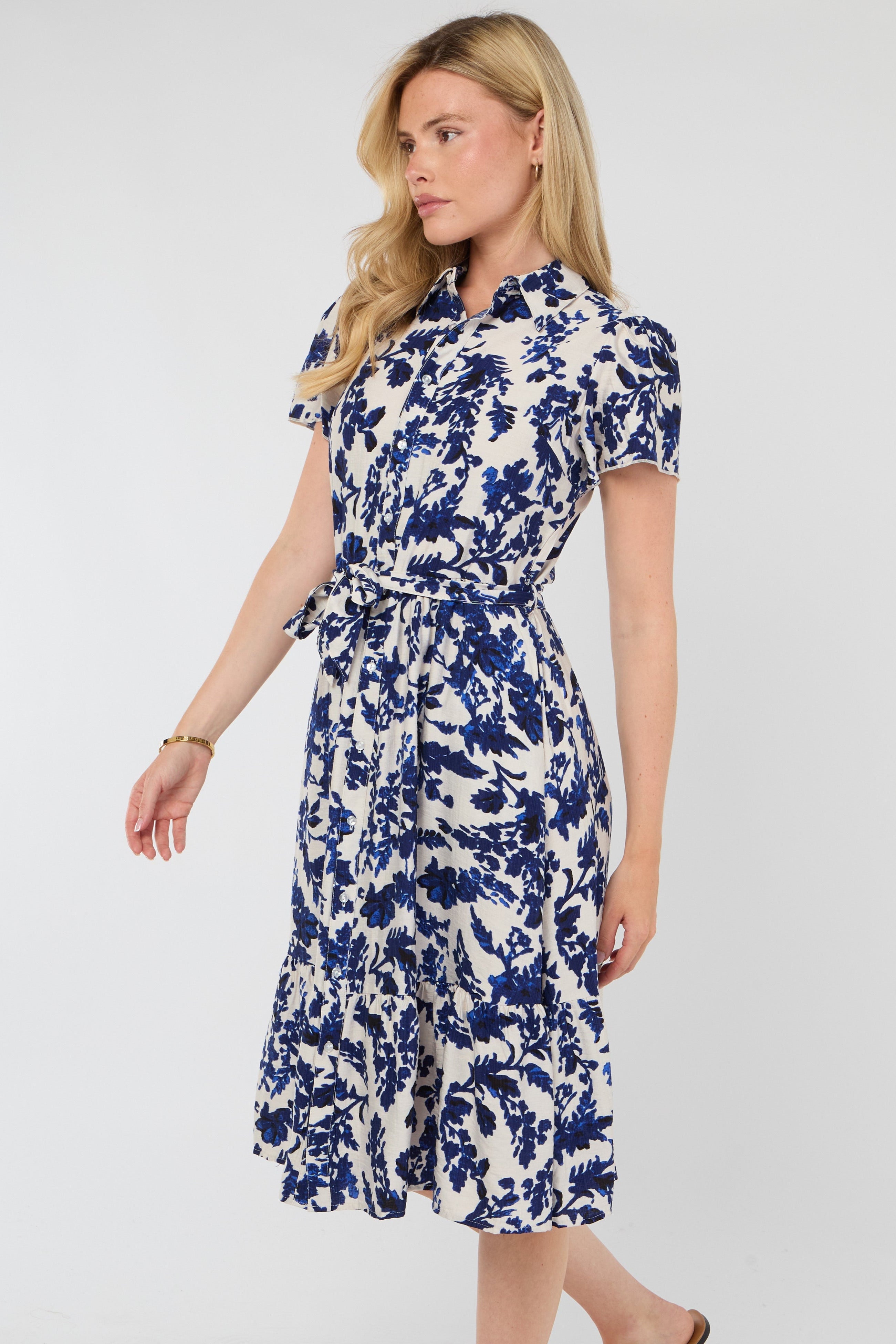 8Pcs Cobalt Leaf Print Linen-Blend Midi Shirt Dress
