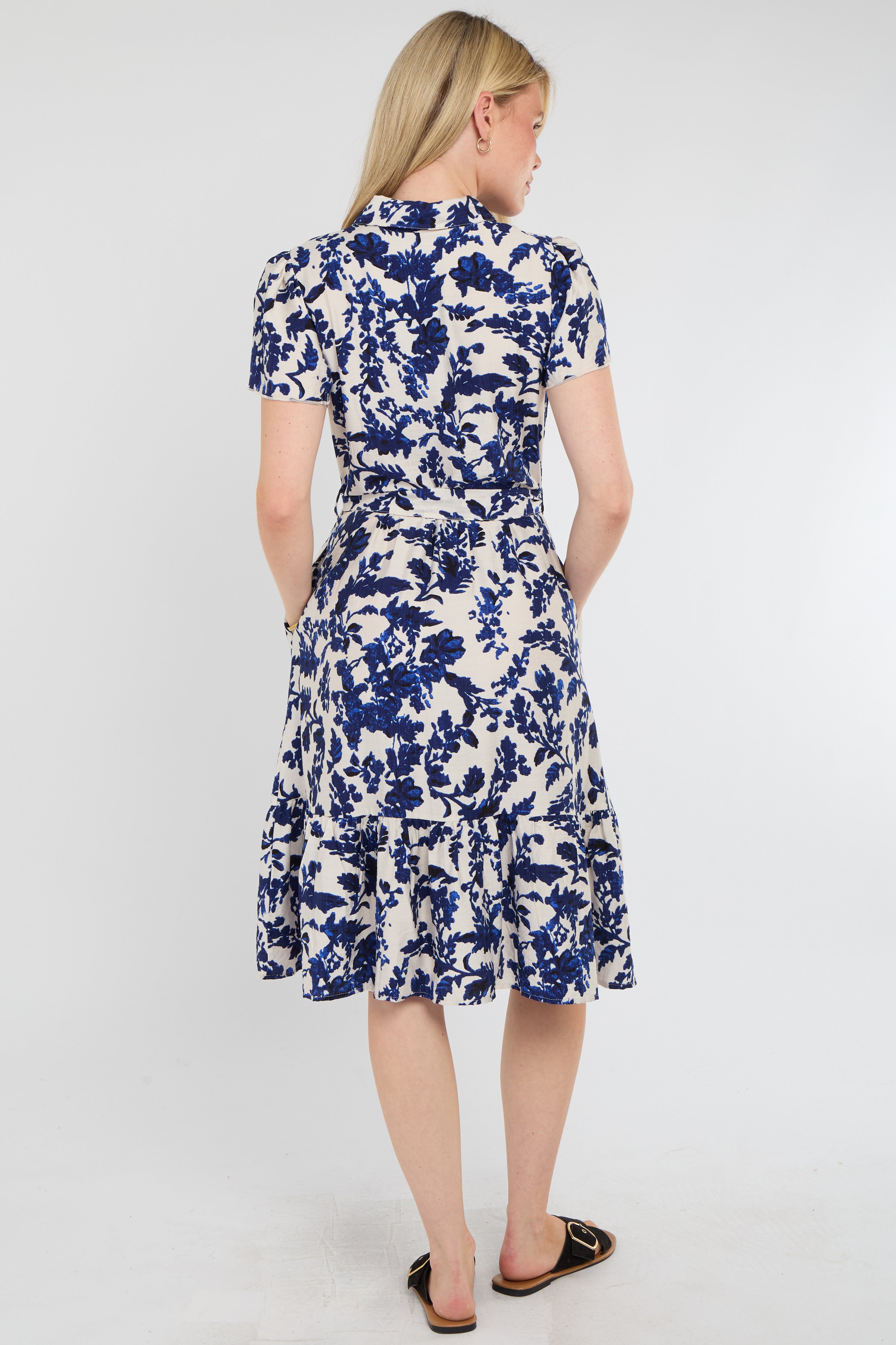 8Pcs Cobalt Leaf Print Linen-Blend Midi Shirt Dress