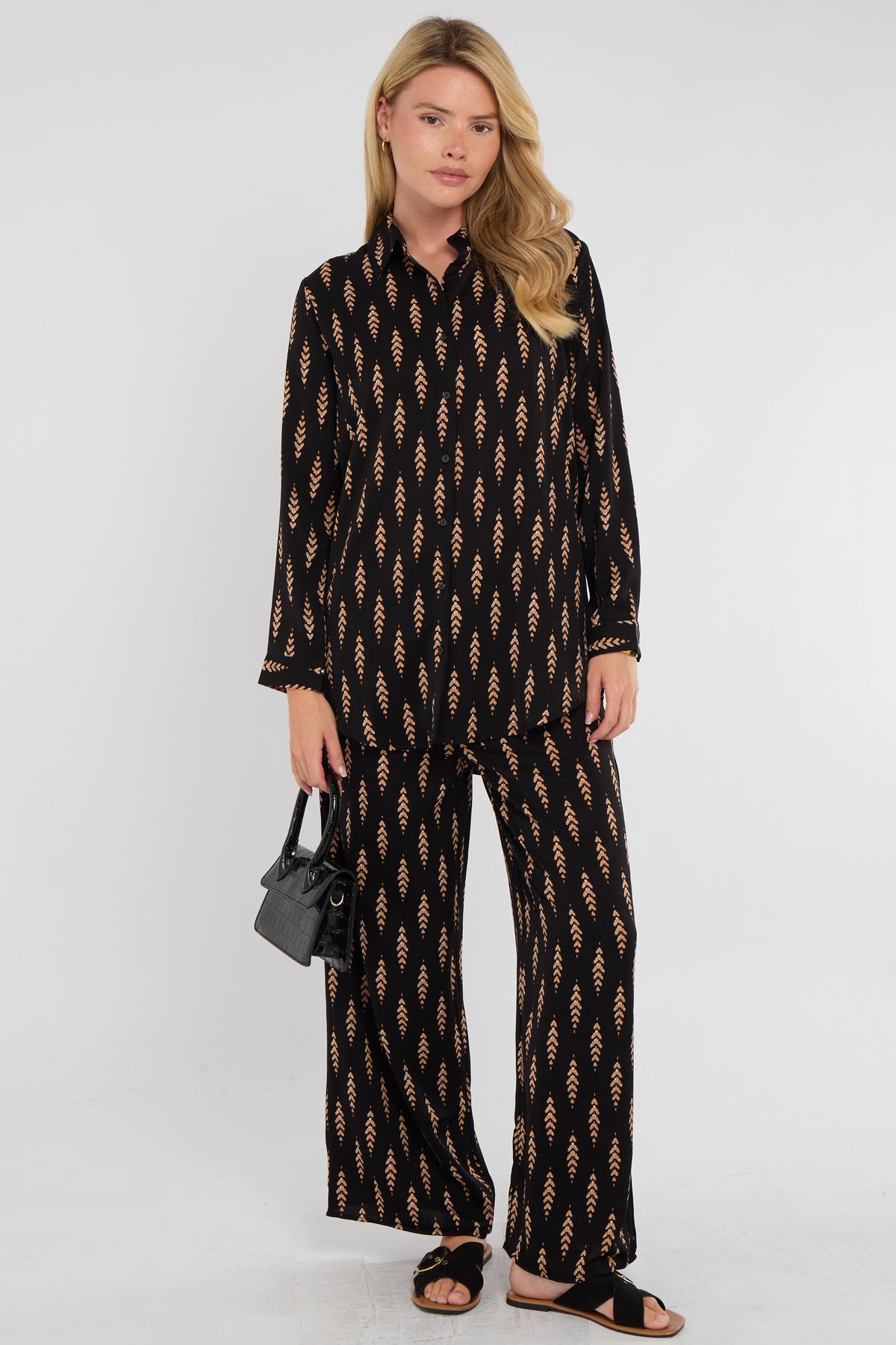 8Pcs Tan Chevron Print Co-ord Shirt and Trousers Set