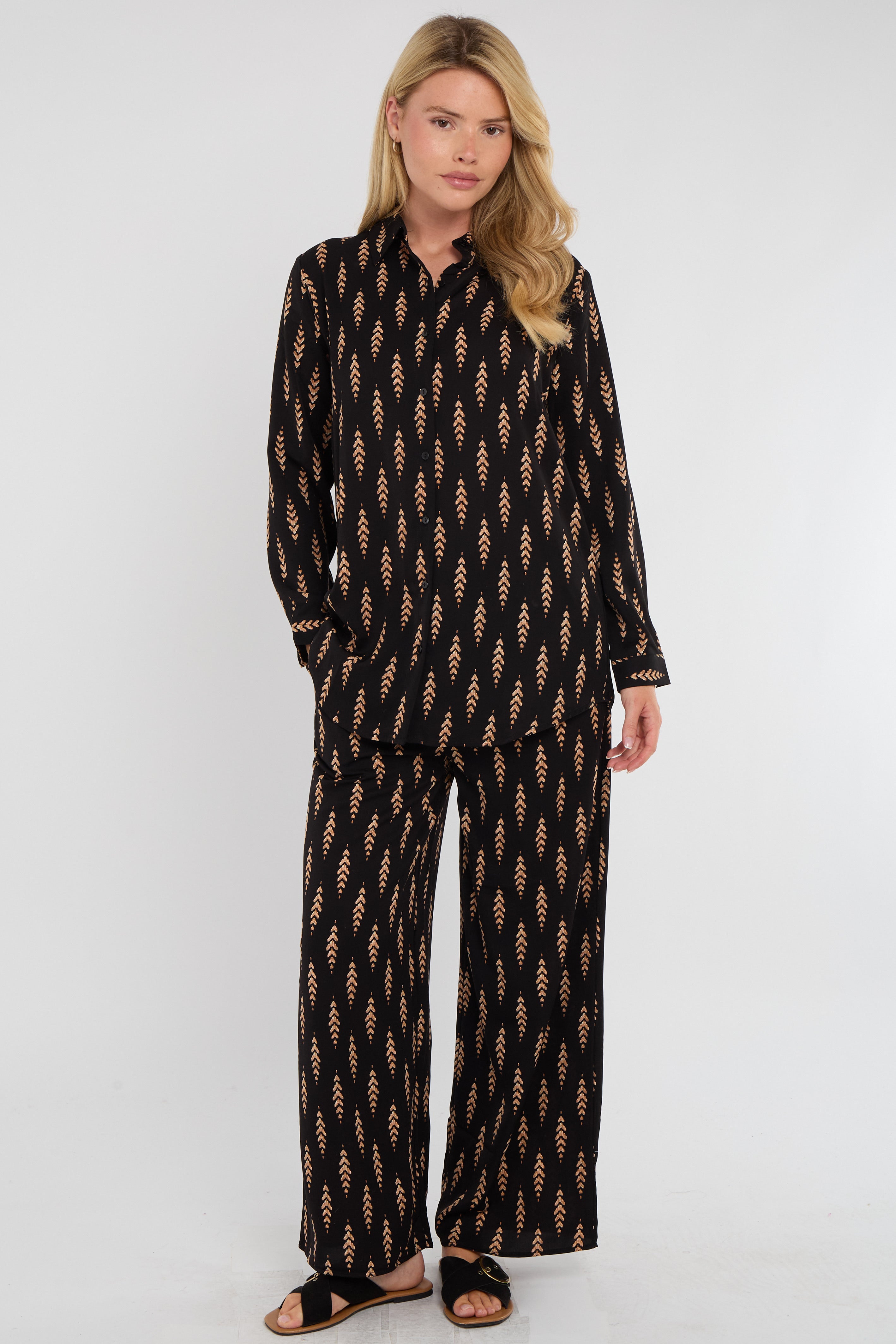 8Pcs Tan Chevron Print Co-ord Shirt and Trousers Set