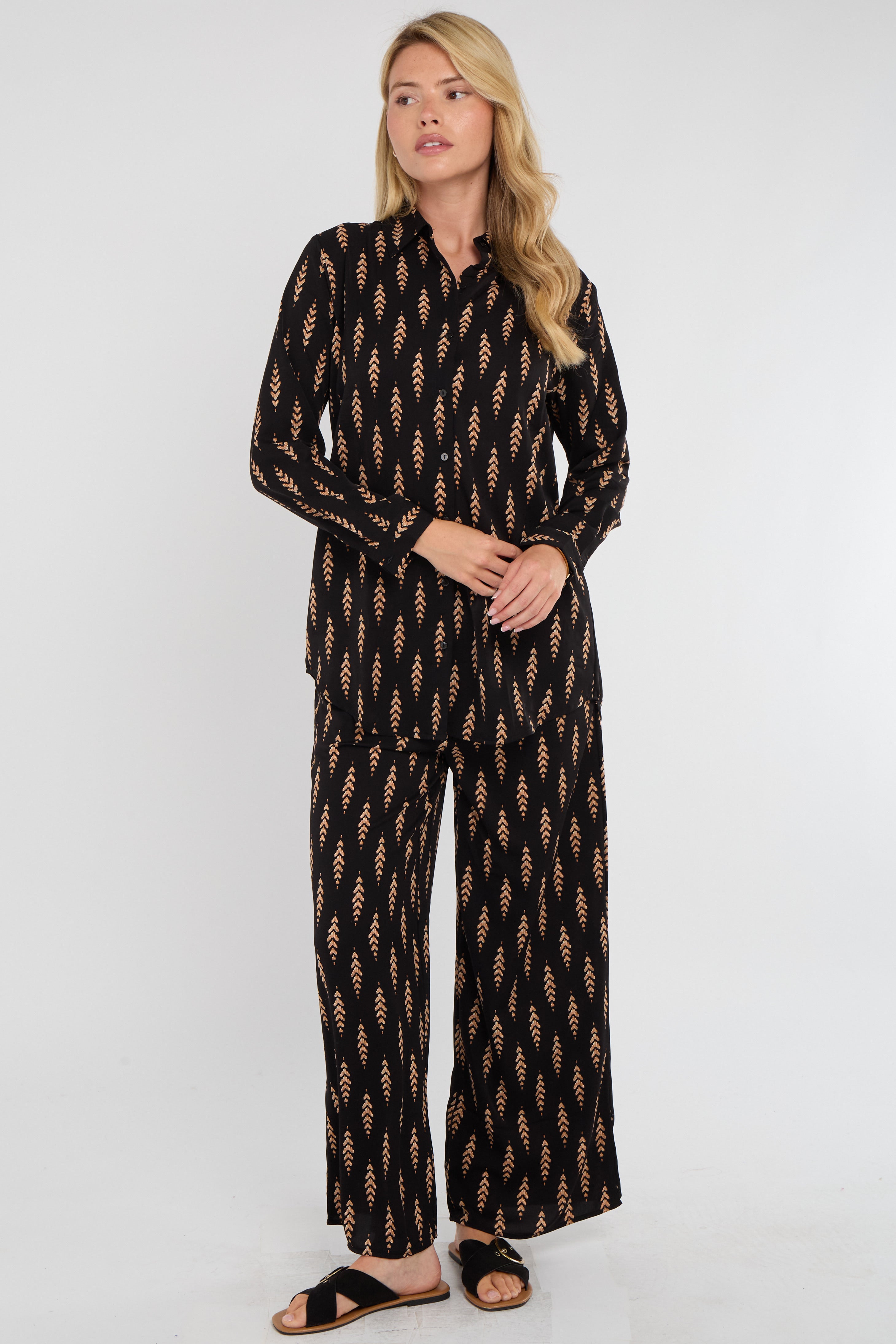 8Pcs Tan Chevron Print Co-ord Shirt and Trousers Set