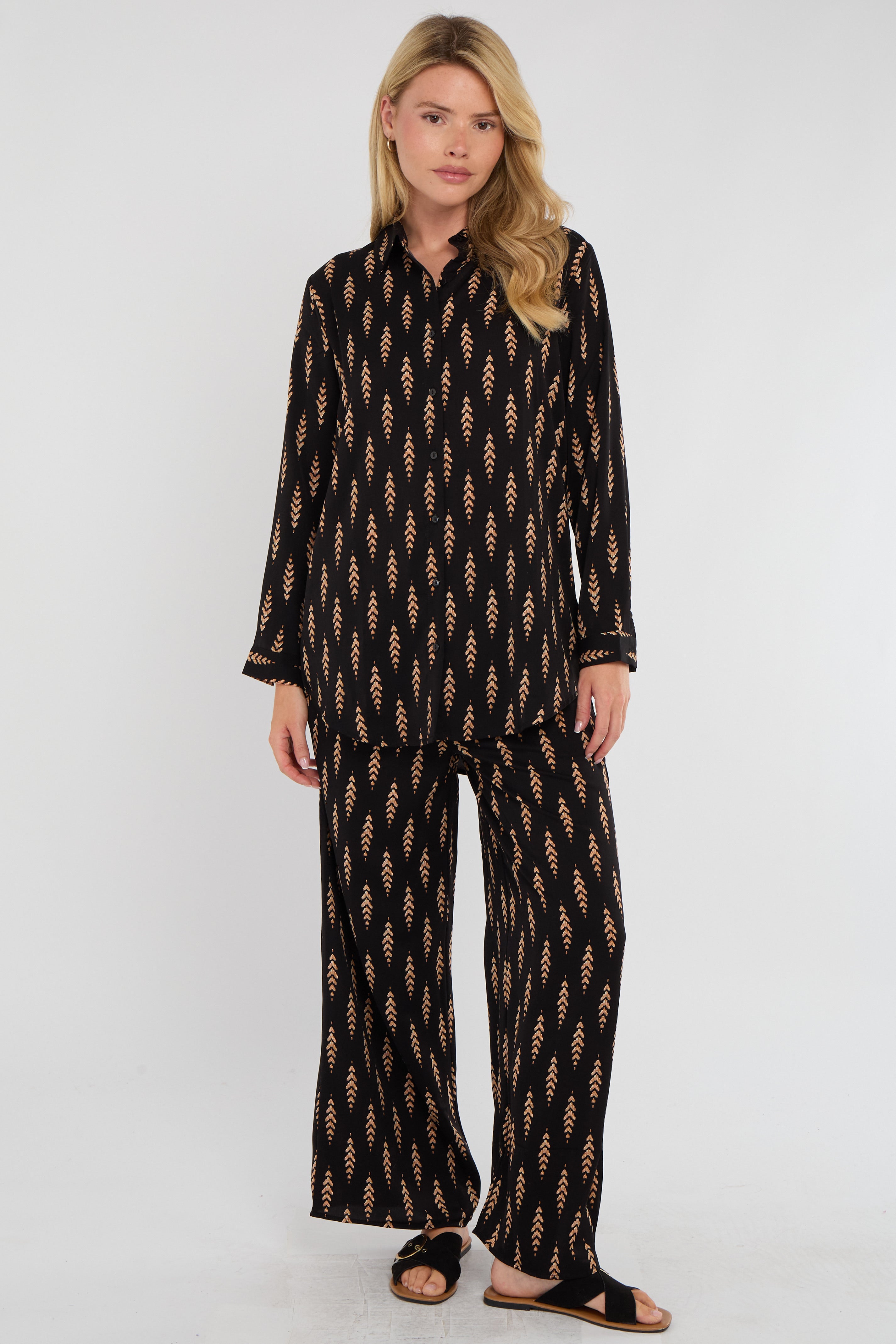 8Pcs Tan Chevron Print Co-ord Shirt and Trousers Set
