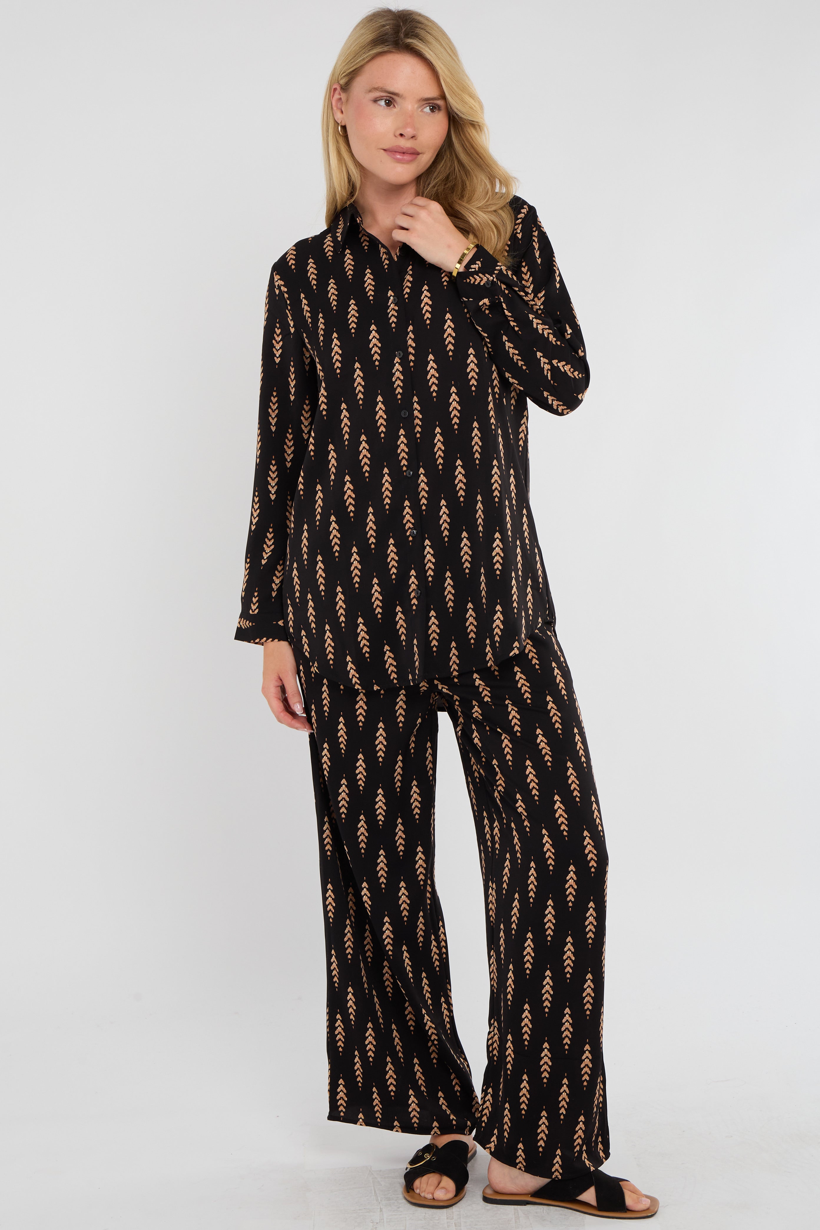 8Pcs Tan Chevron Print Co-ord Shirt and Trousers Set