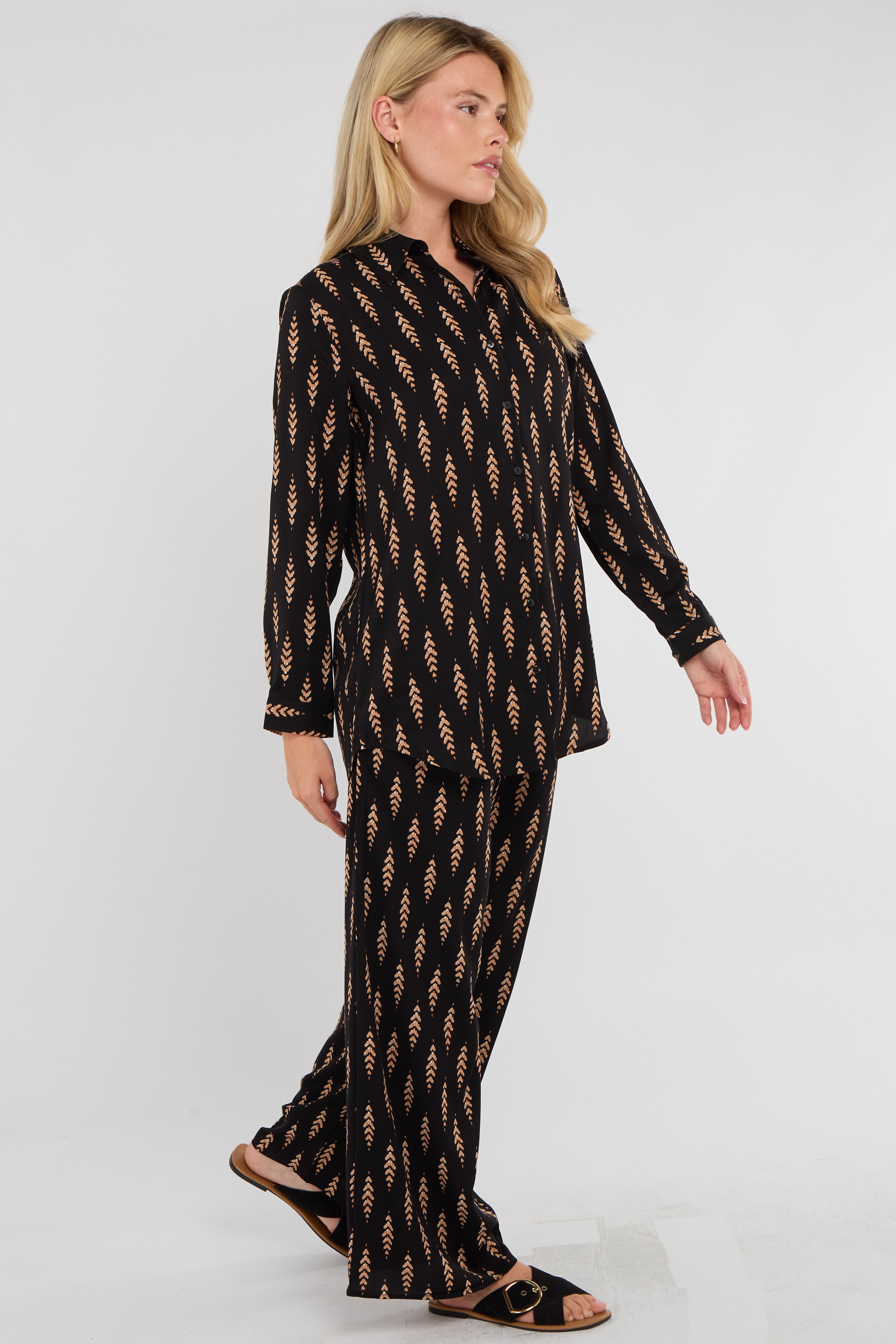 8Pcs Tan Chevron Print Co-ord Shirt and Trousers Set