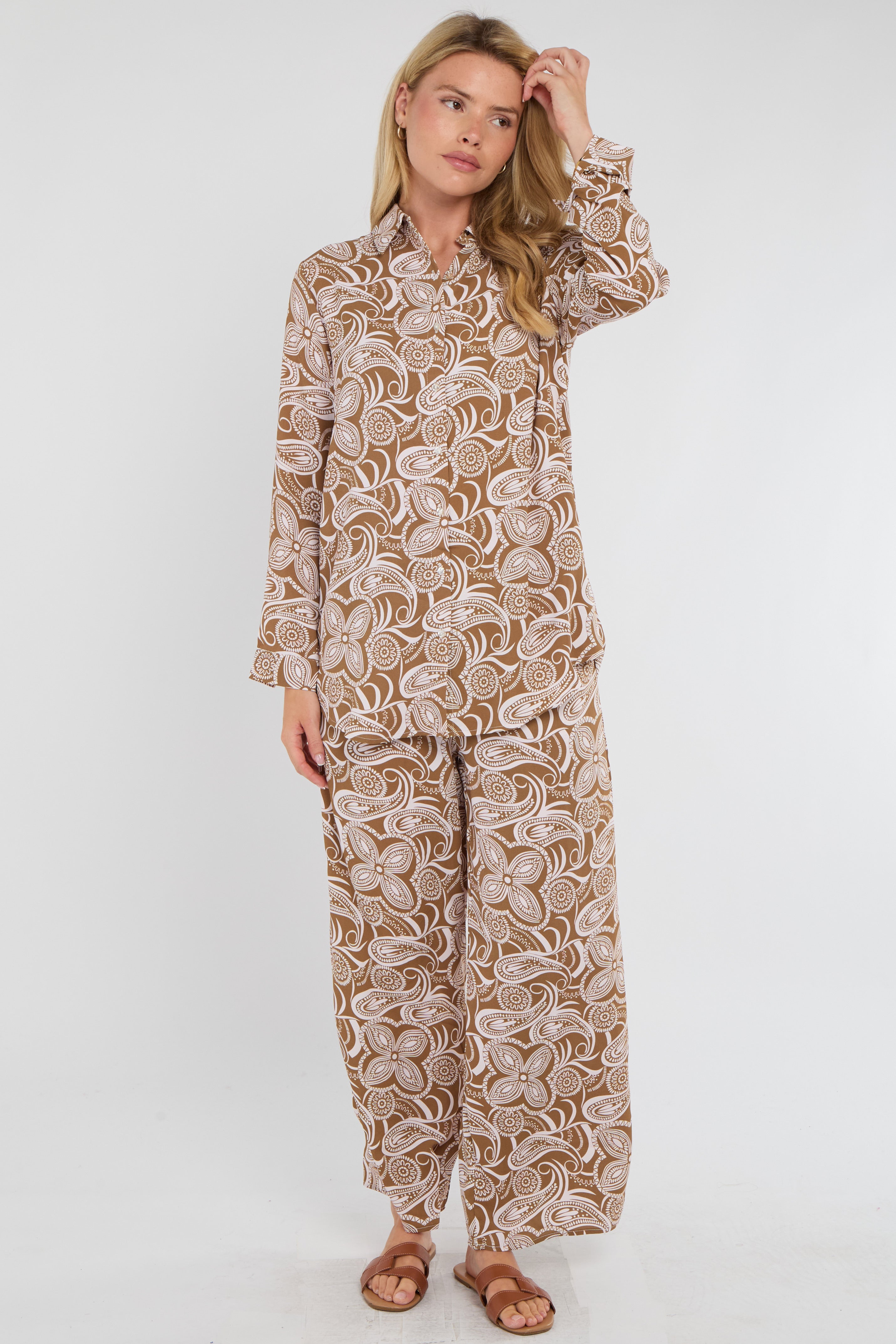 8Pcs Brown Paisley Floral Print Co-ord Shirt and Trousers Set