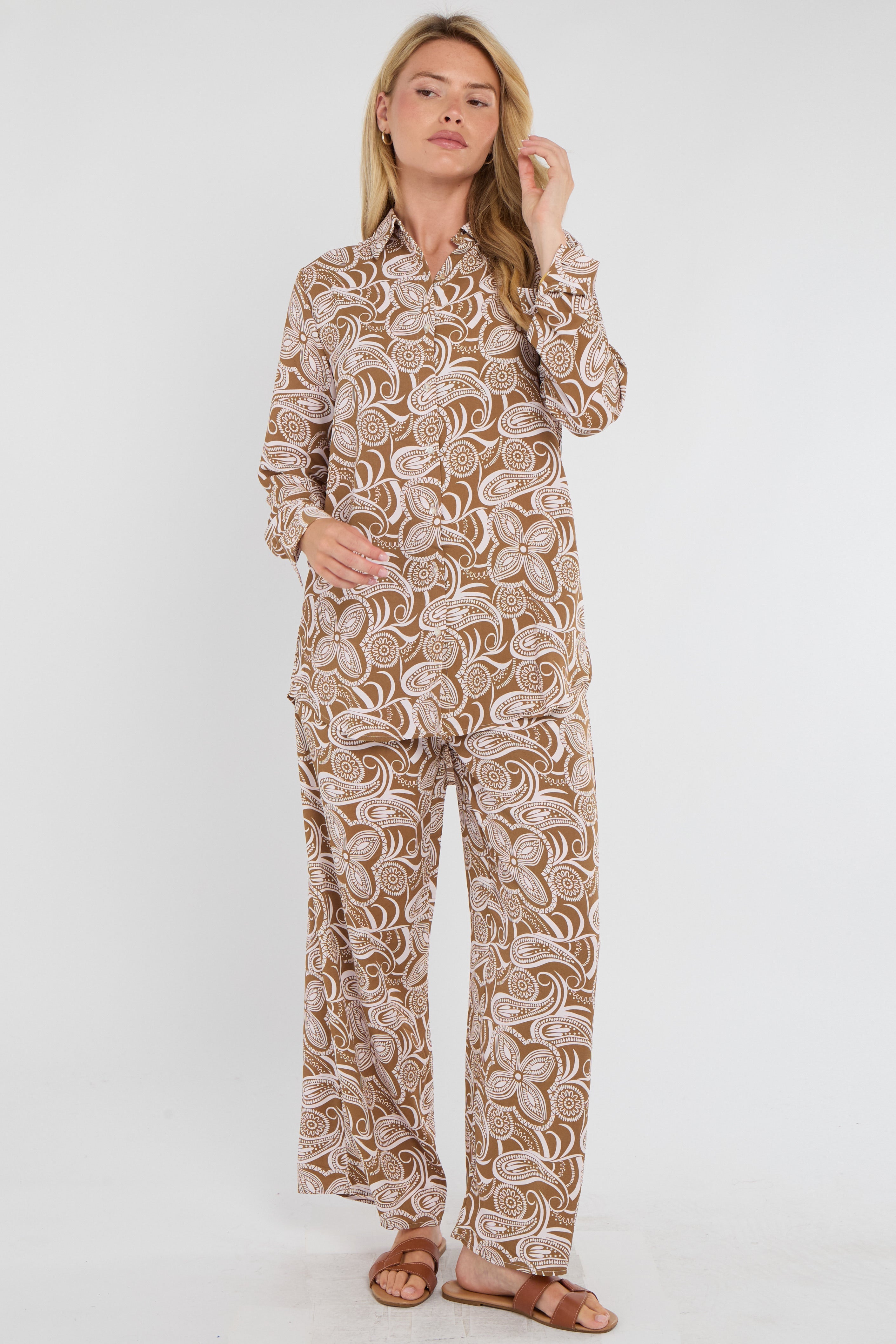 8Pcs Brown Paisley Floral Print Co-ord Shirt and Trousers Set