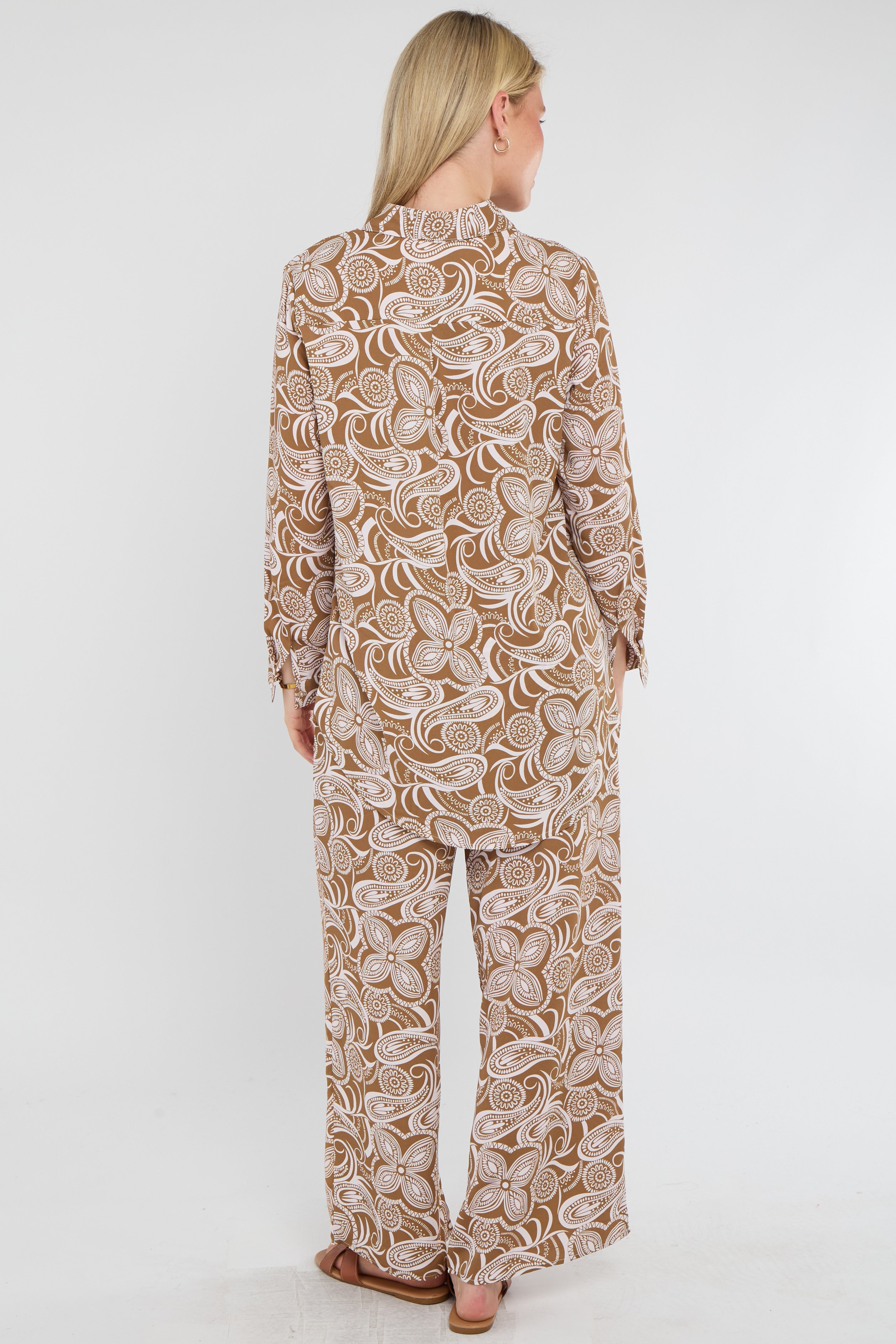 8Pcs Brown Paisley Floral Print Co-ord Shirt and Trousers Set