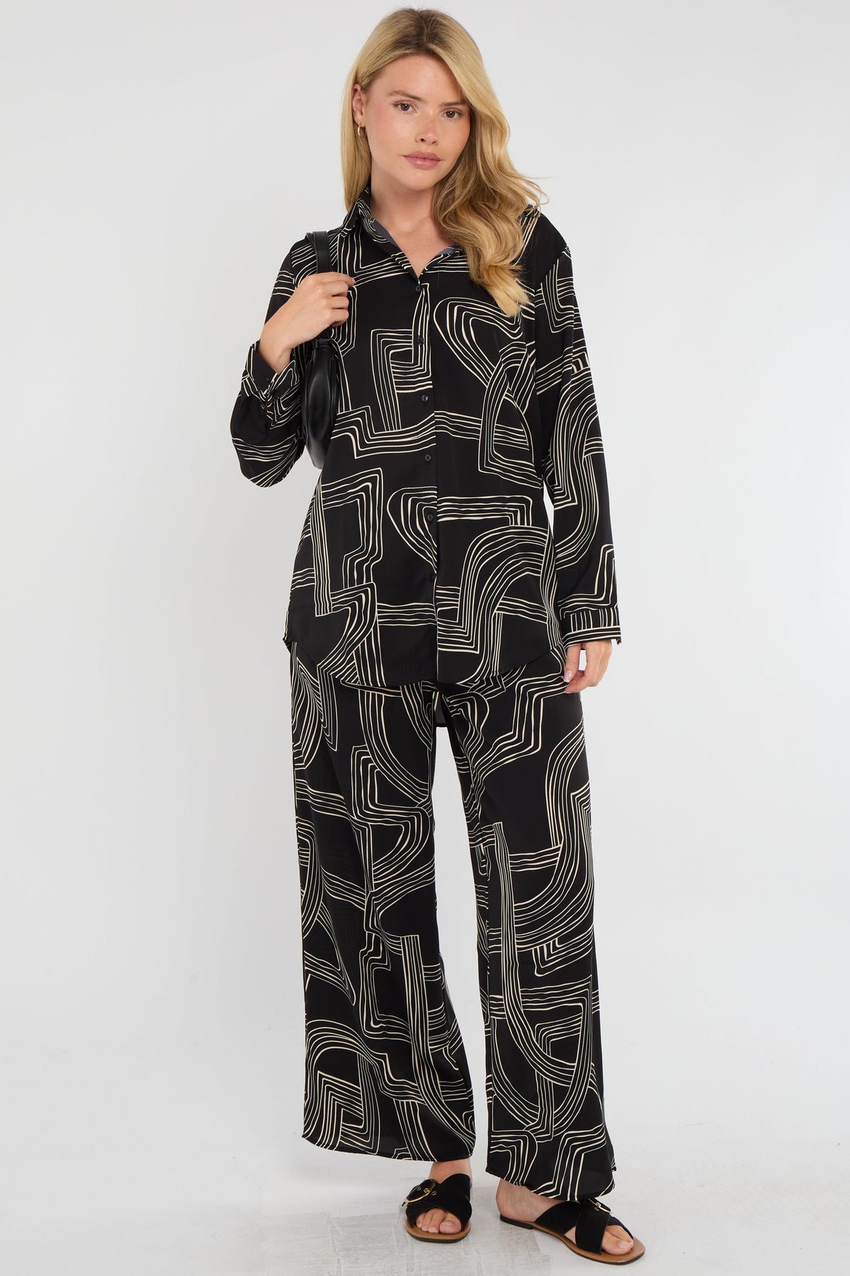 8Pcs Black Geometric Maze Print Co-ord Shirt and Trousers Set