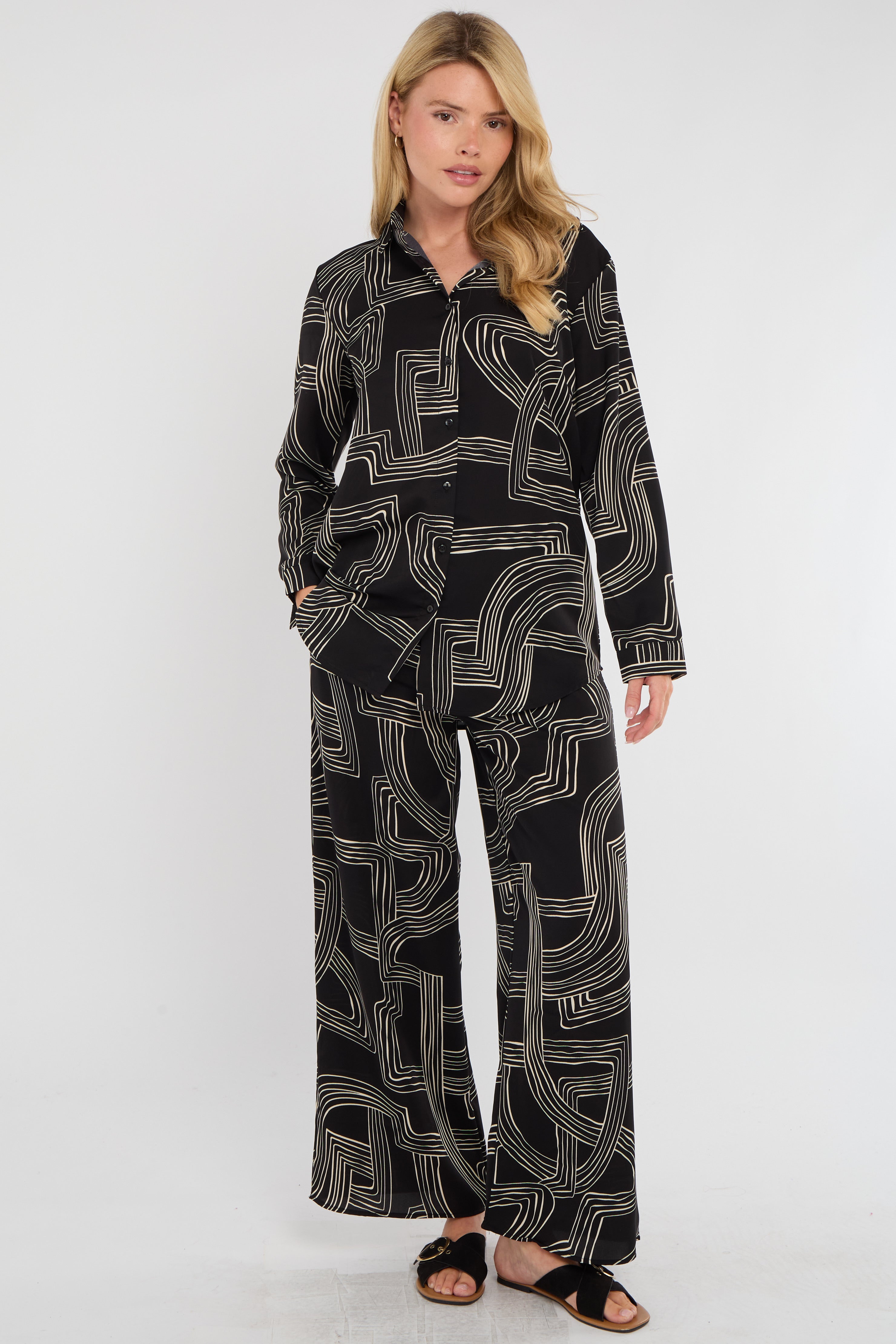 8Pcs Black Geometric Maze Print Co-ord Shirt and Trousers Set