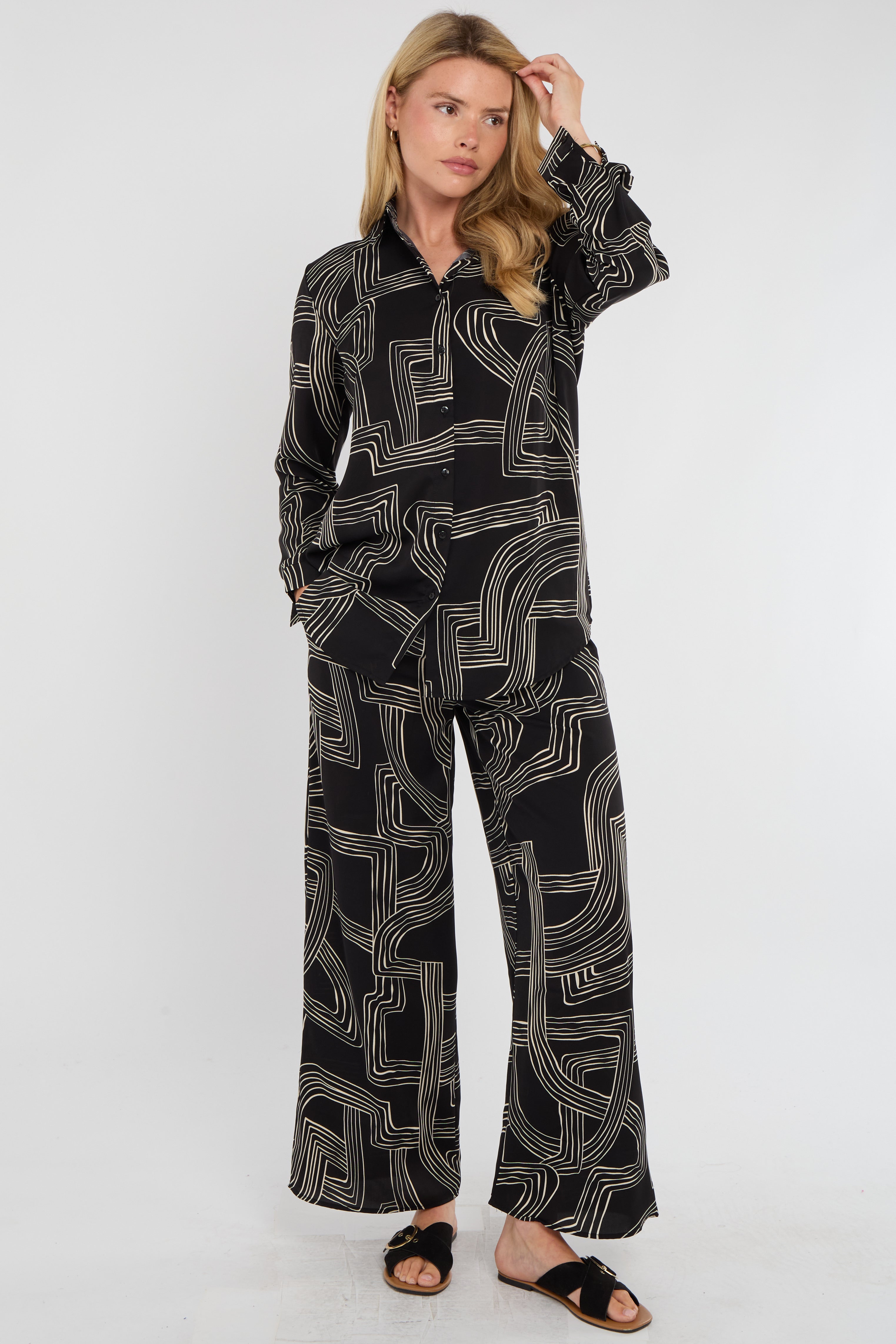 8Pcs Black Geometric Maze Print Co-ord Shirt and Trousers Set