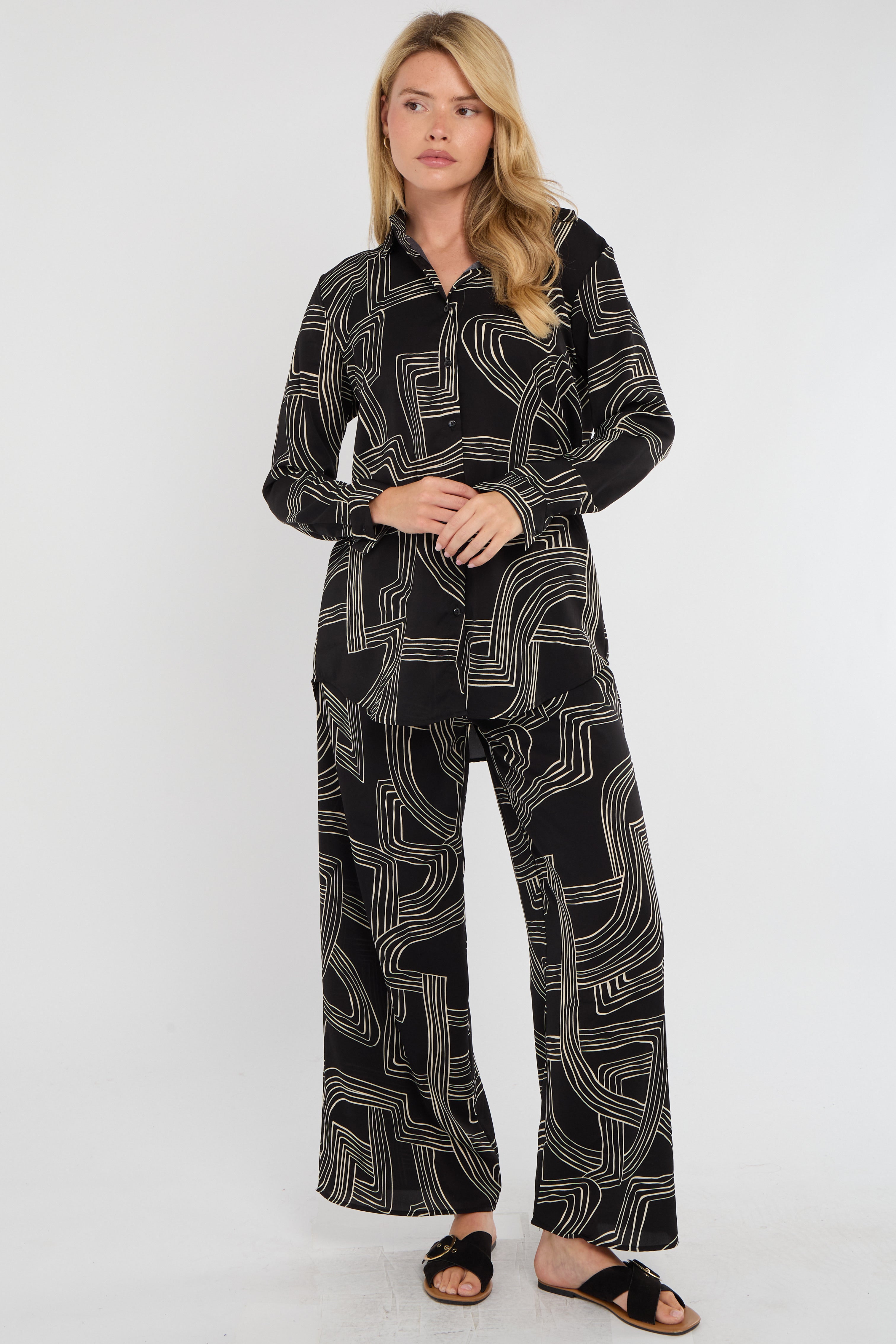 8Pcs Black Geometric Maze Print Co-ord Shirt and Trousers Set