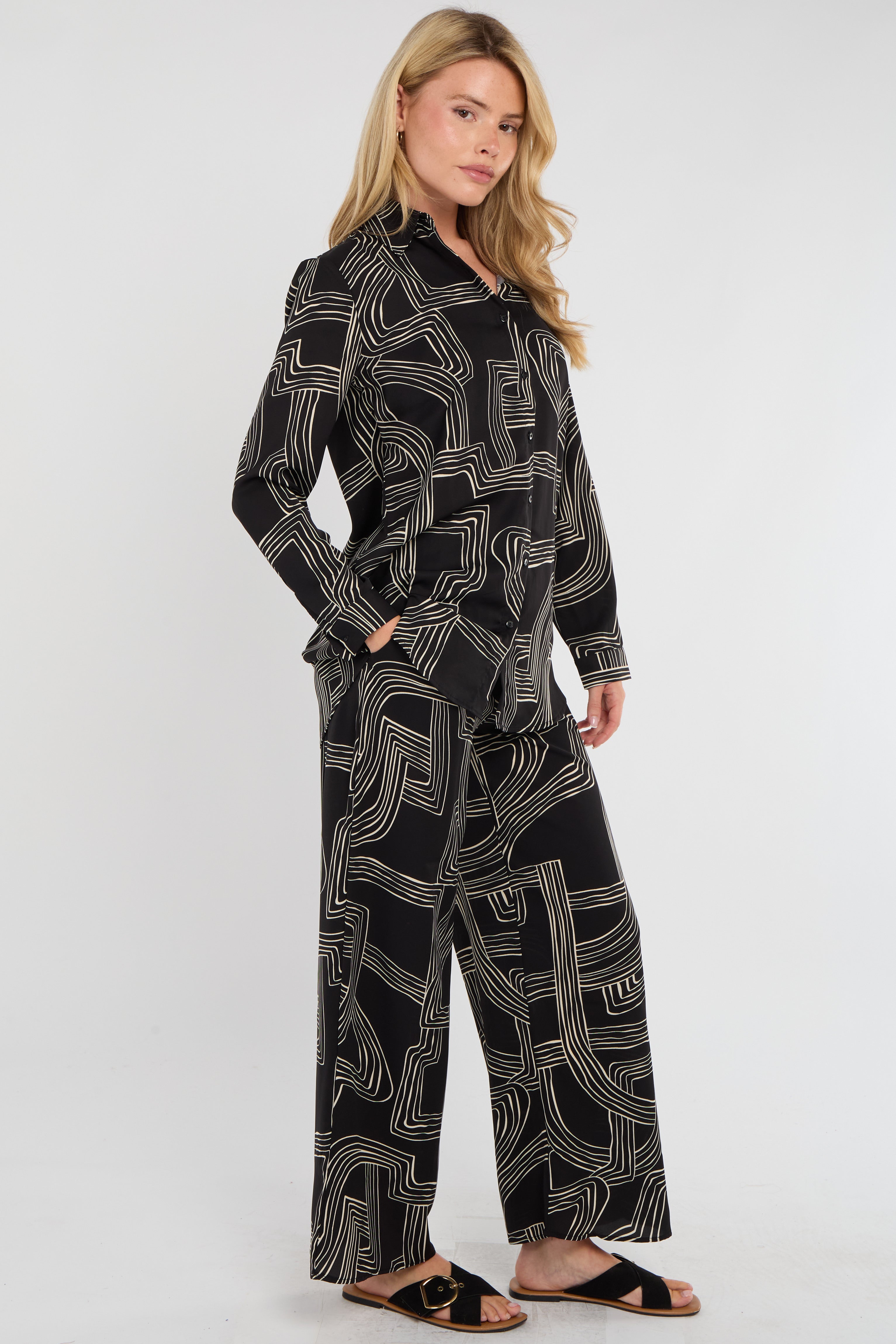 8Pcs Black Geometric Maze Print Co-ord Shirt and Trousers Set