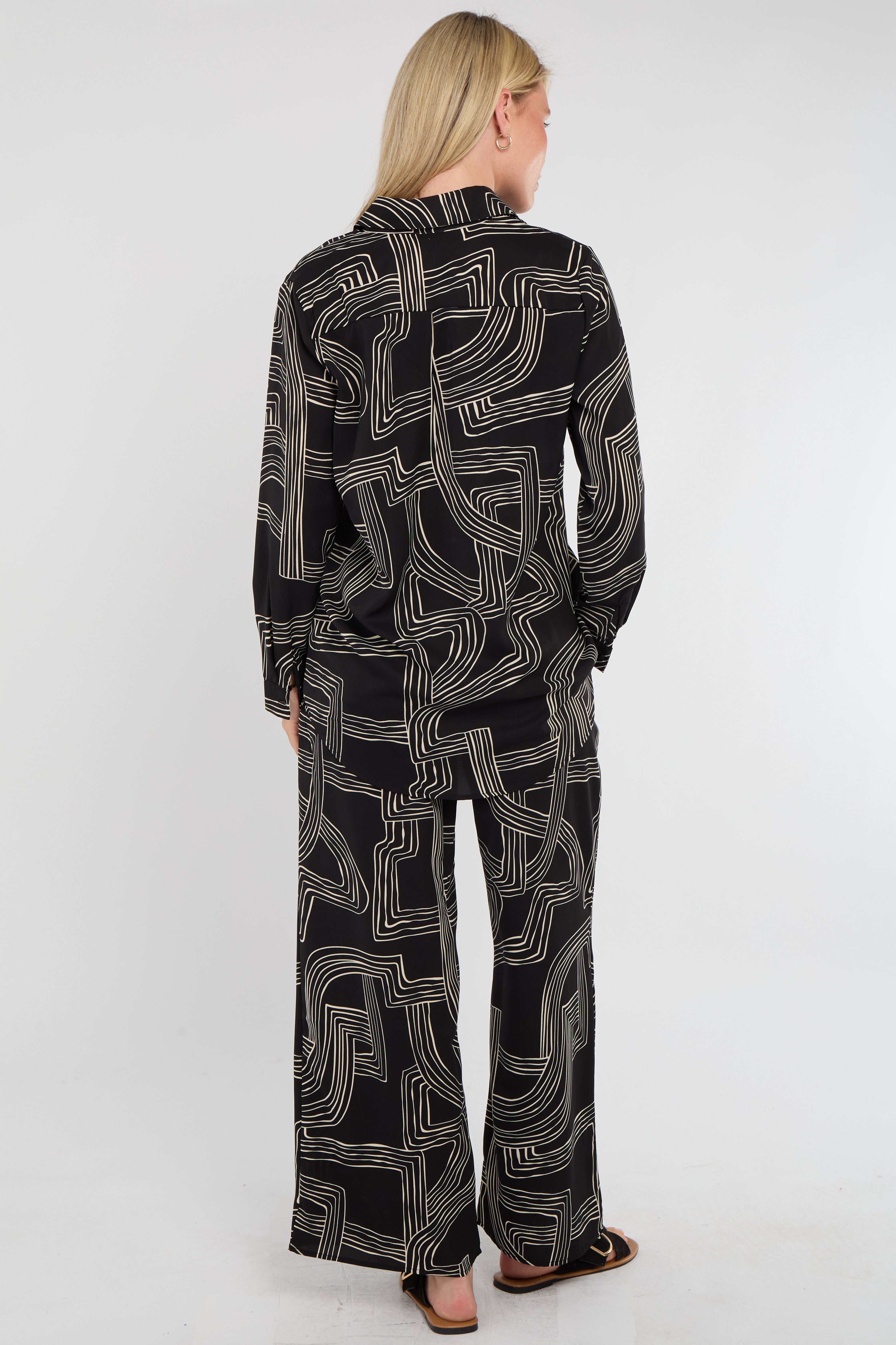8Pcs Black Geometric Maze Print Co-ord Shirt and Trousers Set