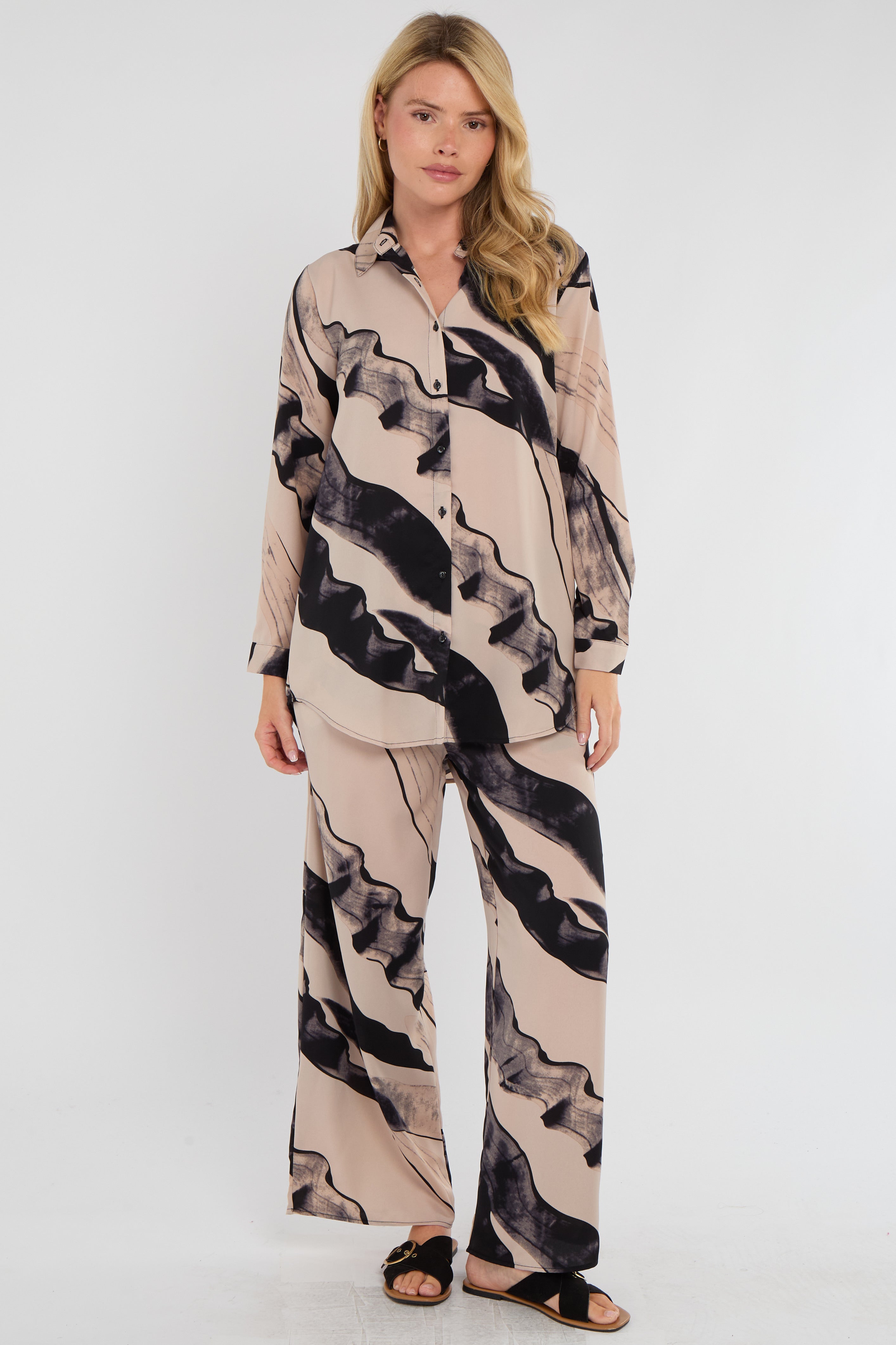8Pcs Beige Abstract Brushstroke Print Co-ord Shirt and Trousers Set