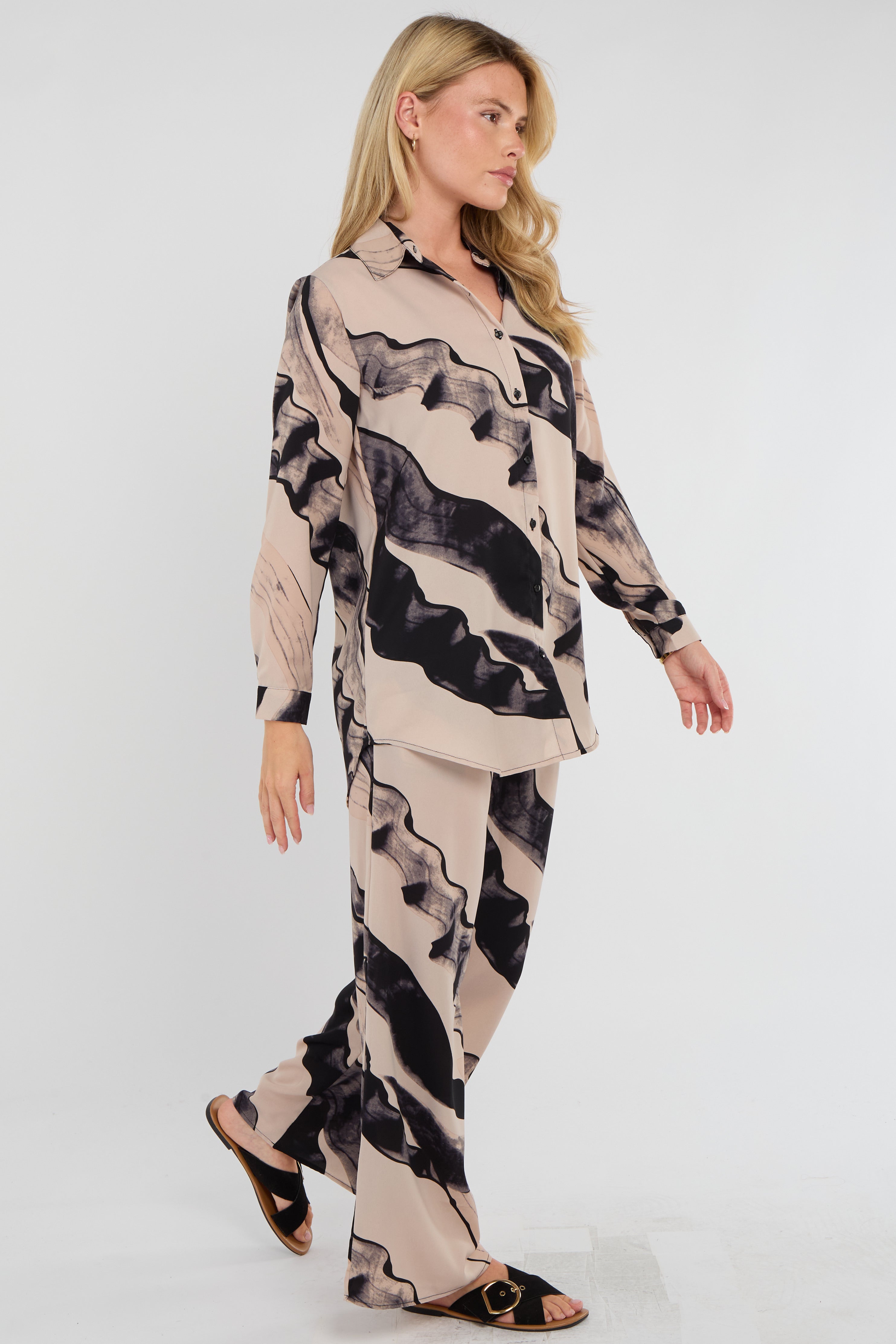 8Pcs Beige Abstract Brushstroke Print Co-ord Shirt and Trousers Set