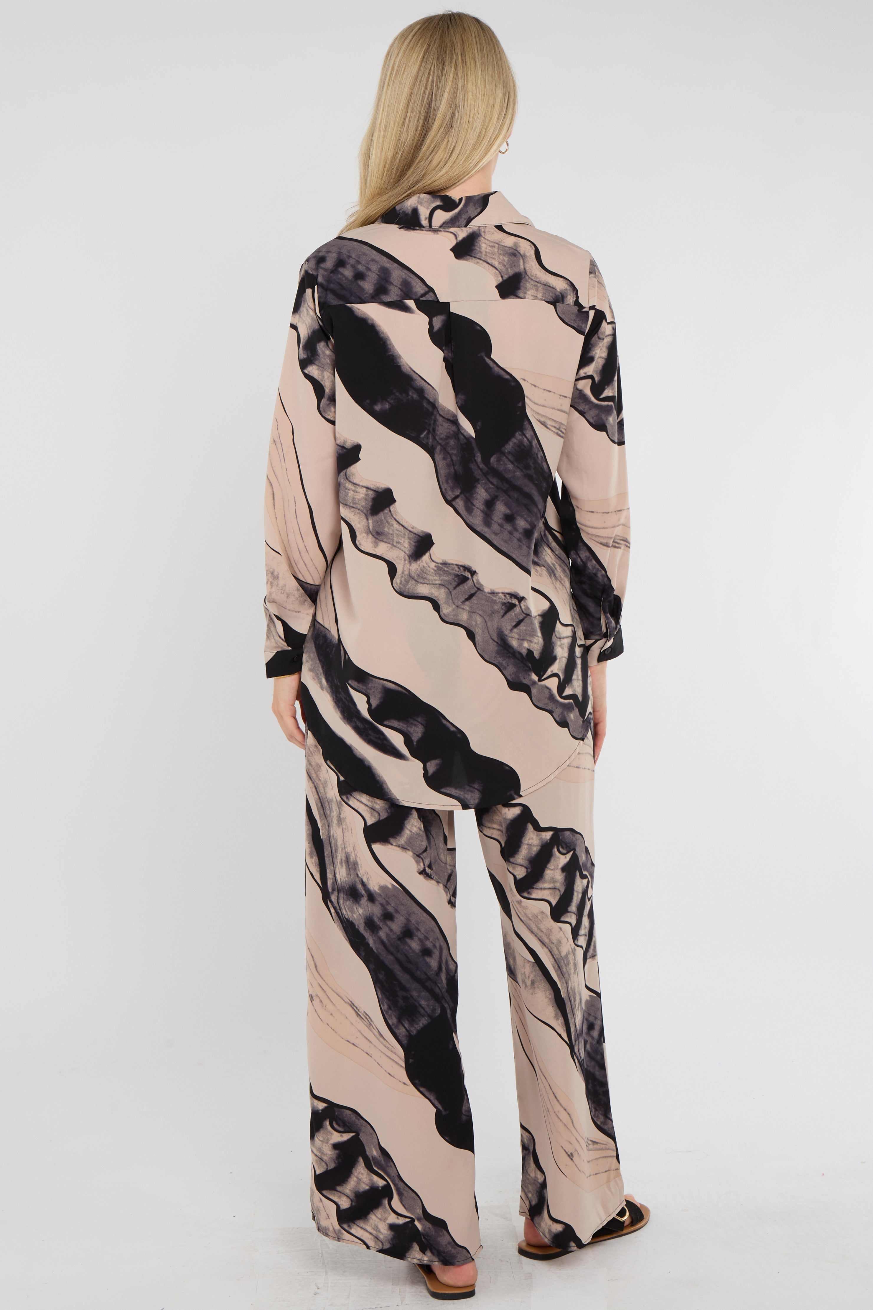 8Pcs Beige Abstract Brushstroke Print Co-ord Shirt and Trousers Set
