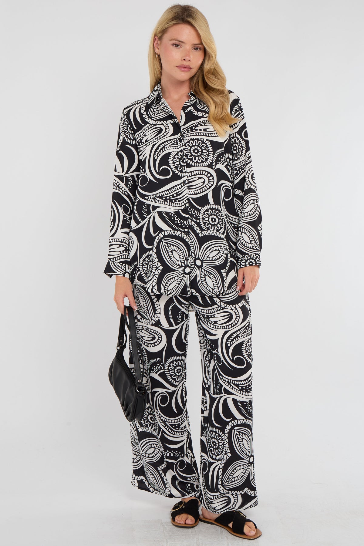 8Pcs Mono Paisley Floral Print Co-ord Shirt and Trousers Set