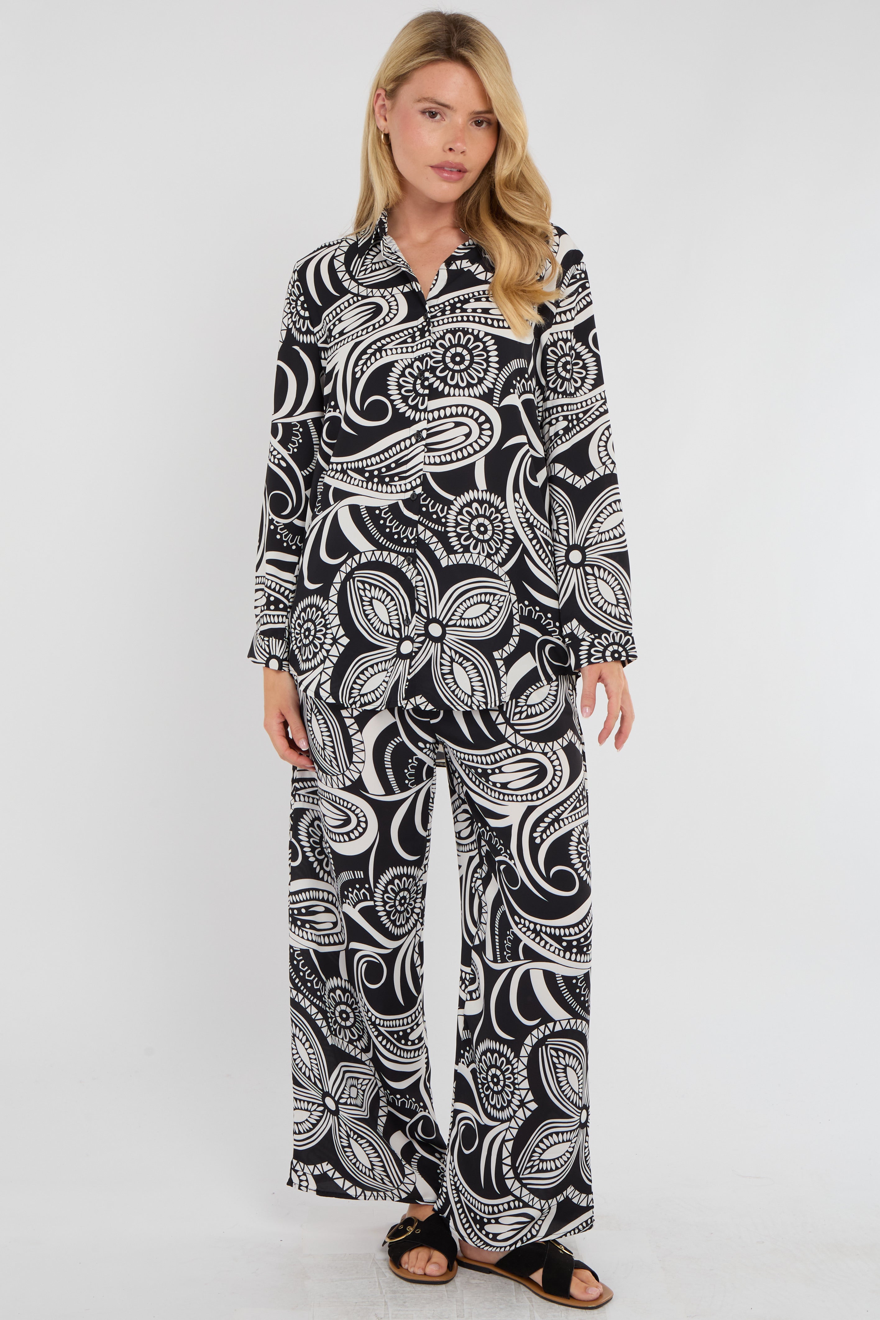 8Pcs Mono Paisley Floral Print Co-ord Shirt and Trousers Set