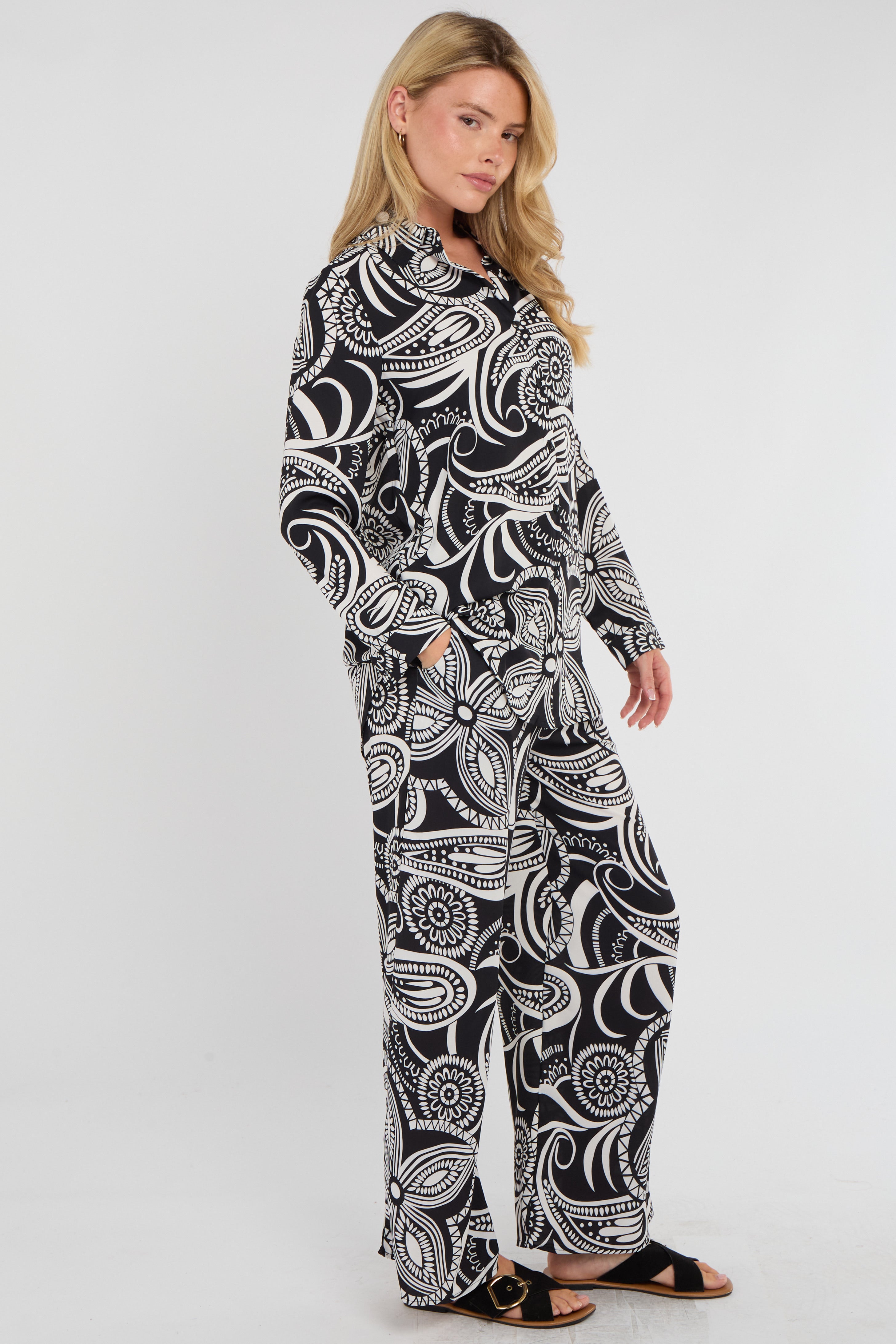 8Pcs Mono Paisley Floral Print Co-ord Shirt and Trousers Set