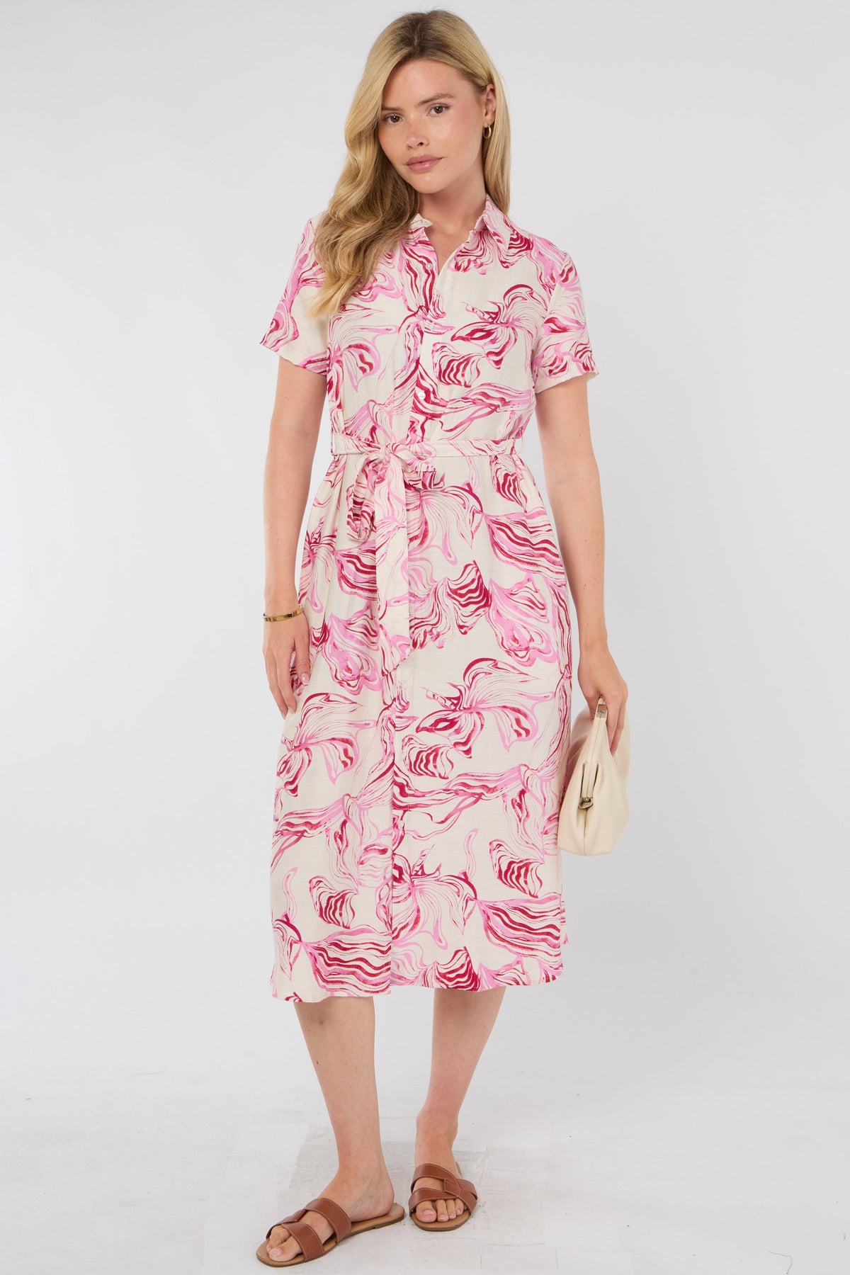 8Pcs Pink Swirl Print Short Sleeve Midi Shirt Dress
