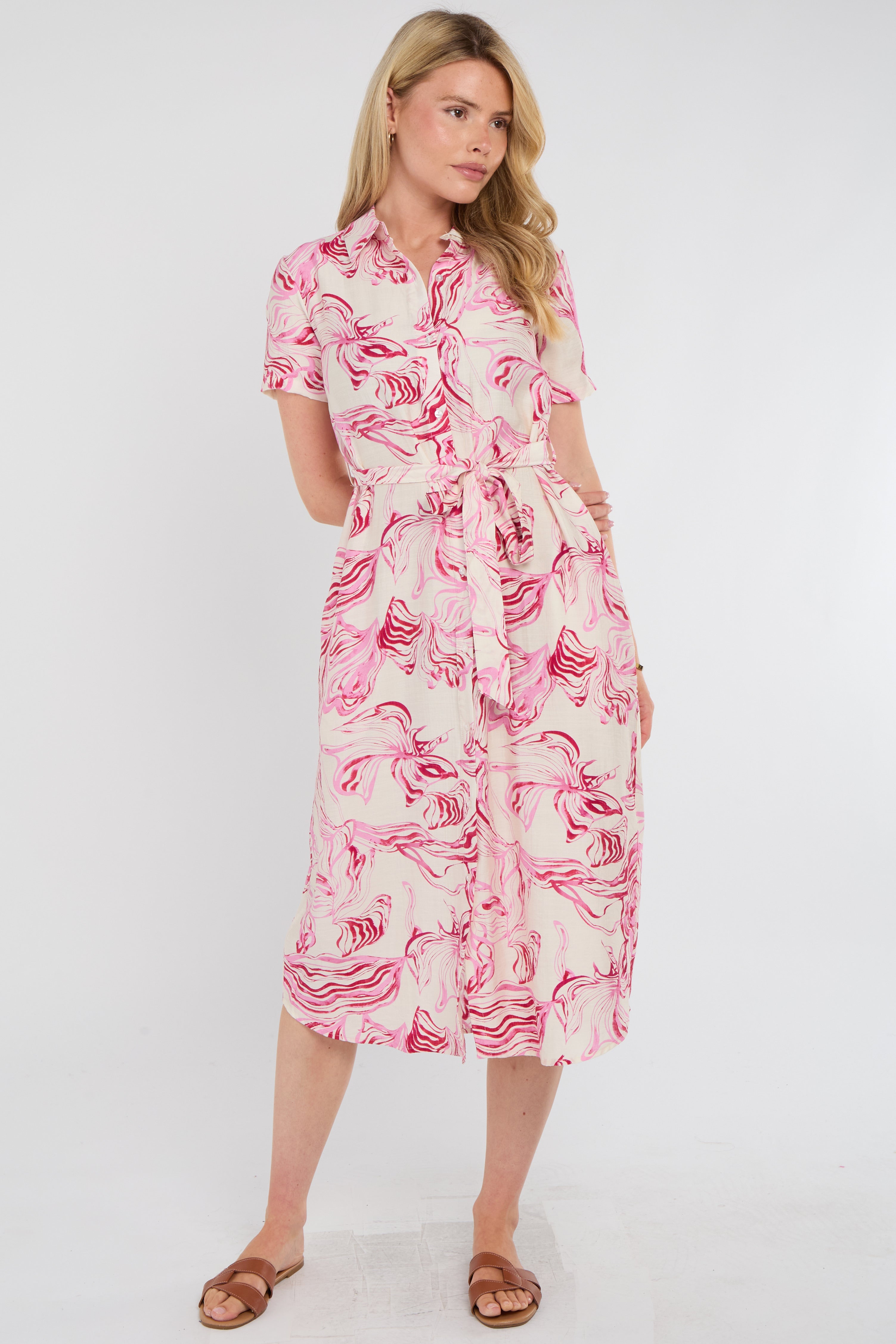 8Pcs Pink Swirl Print Short Sleeve Midi Shirt Dress