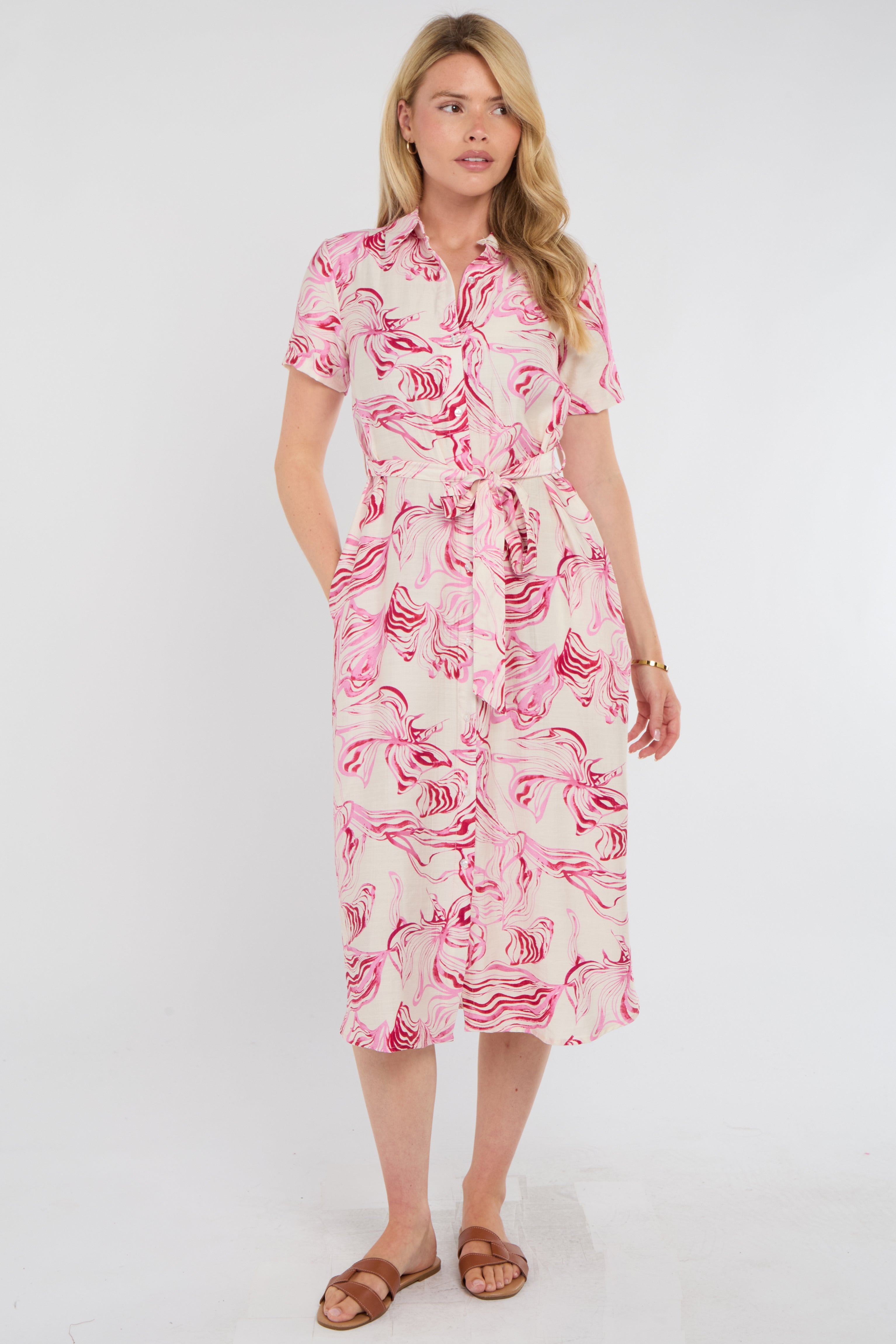 8Pcs Pink Swirl Print Short Sleeve Midi Shirt Dress