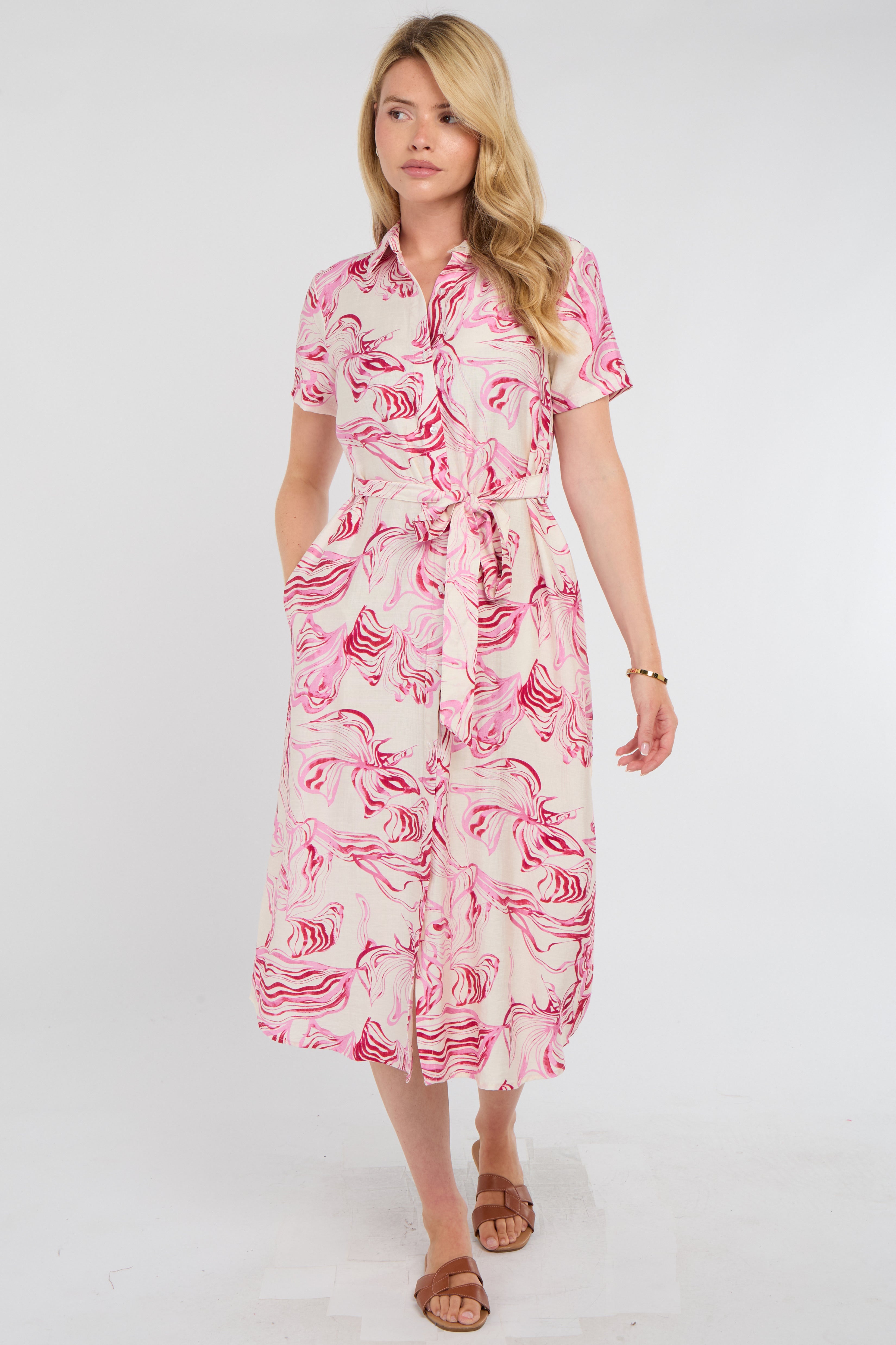 8Pcs Pink Swirl Print Short Sleeve Midi Shirt Dress
