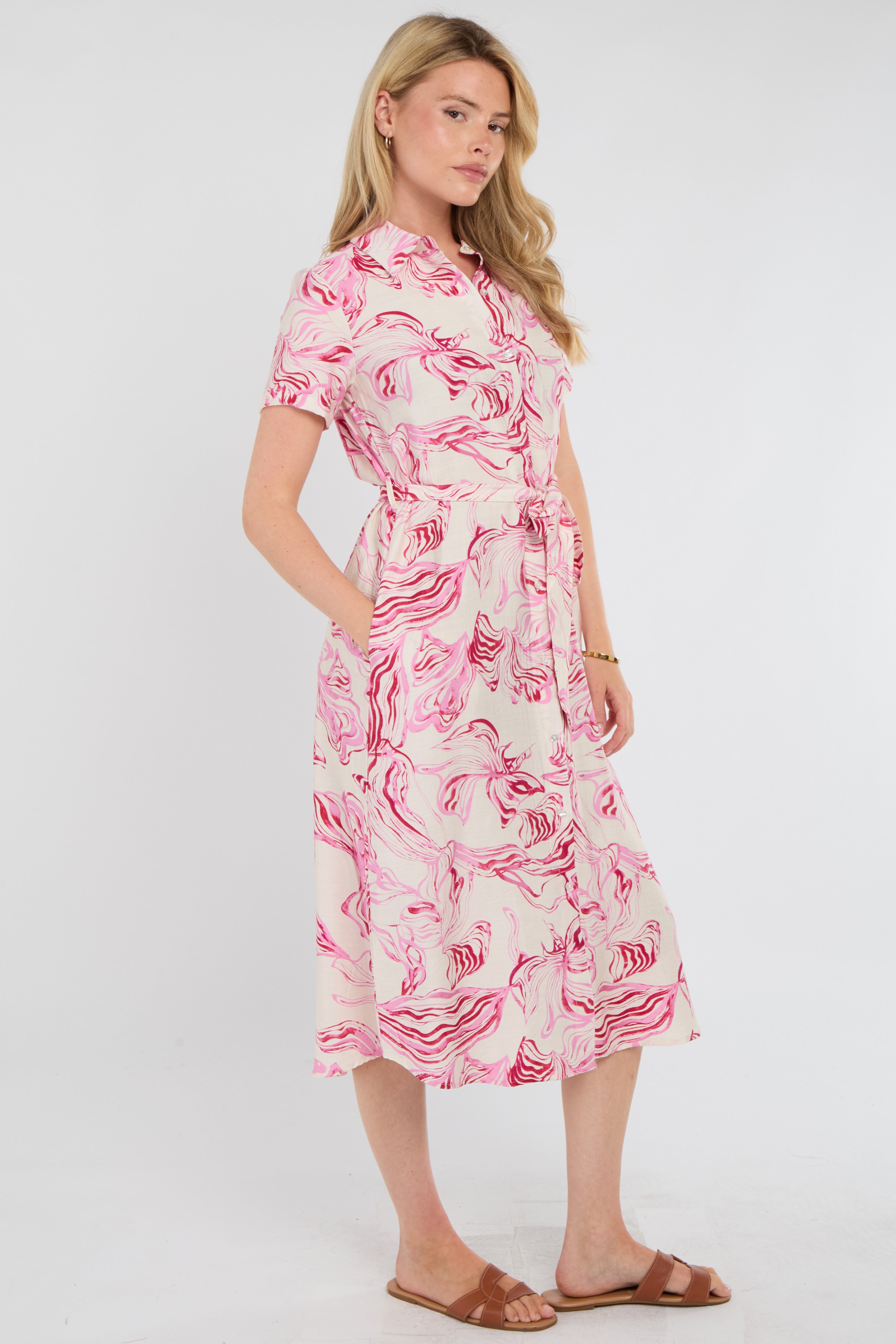 8Pcs Pink Swirl Print Short Sleeve Midi Shirt Dress