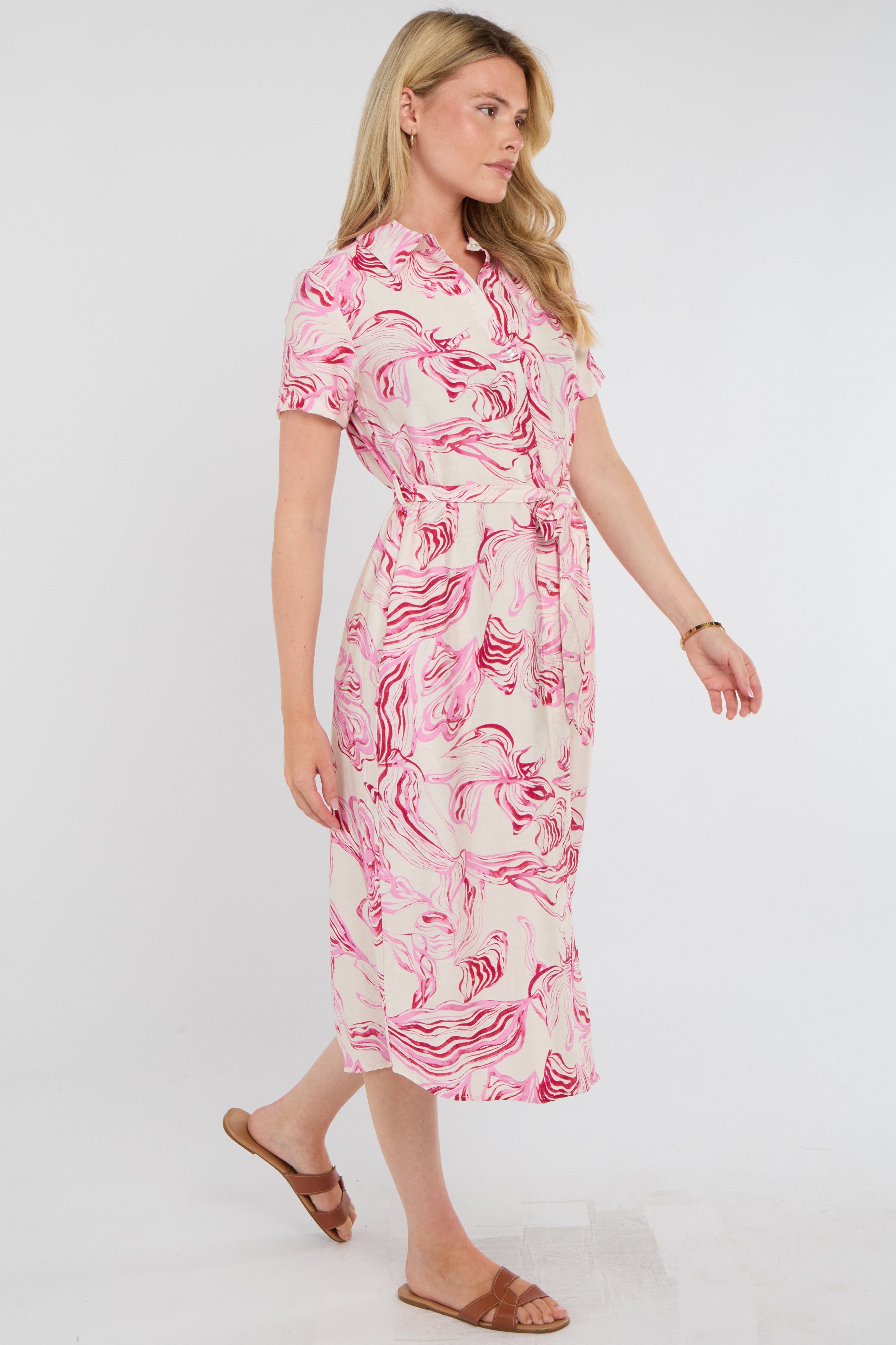 8Pcs Pink Swirl Print Short Sleeve Midi Shirt Dress
