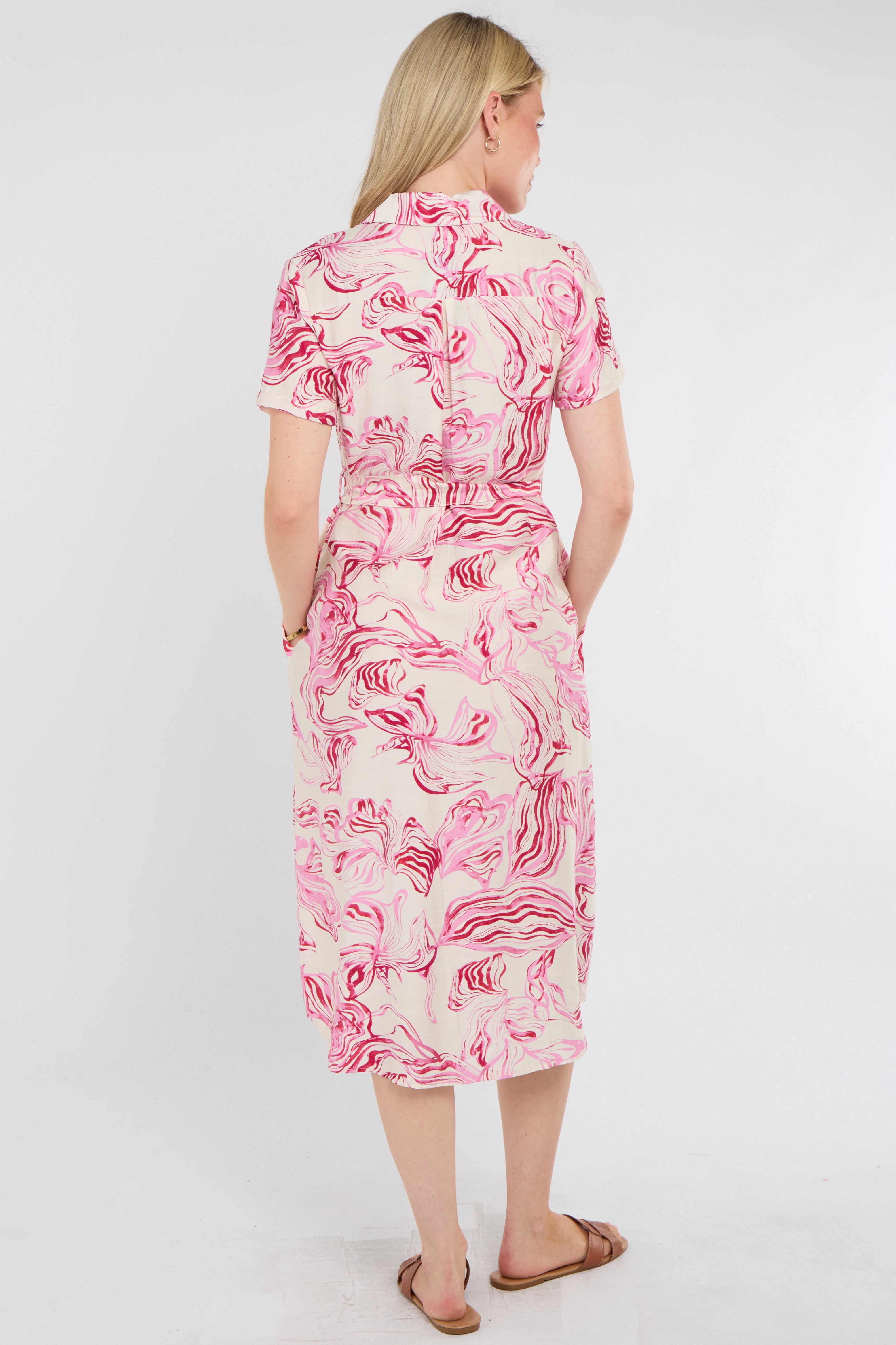 8Pcs Pink Swirl Print Short Sleeve Midi Shirt Dress