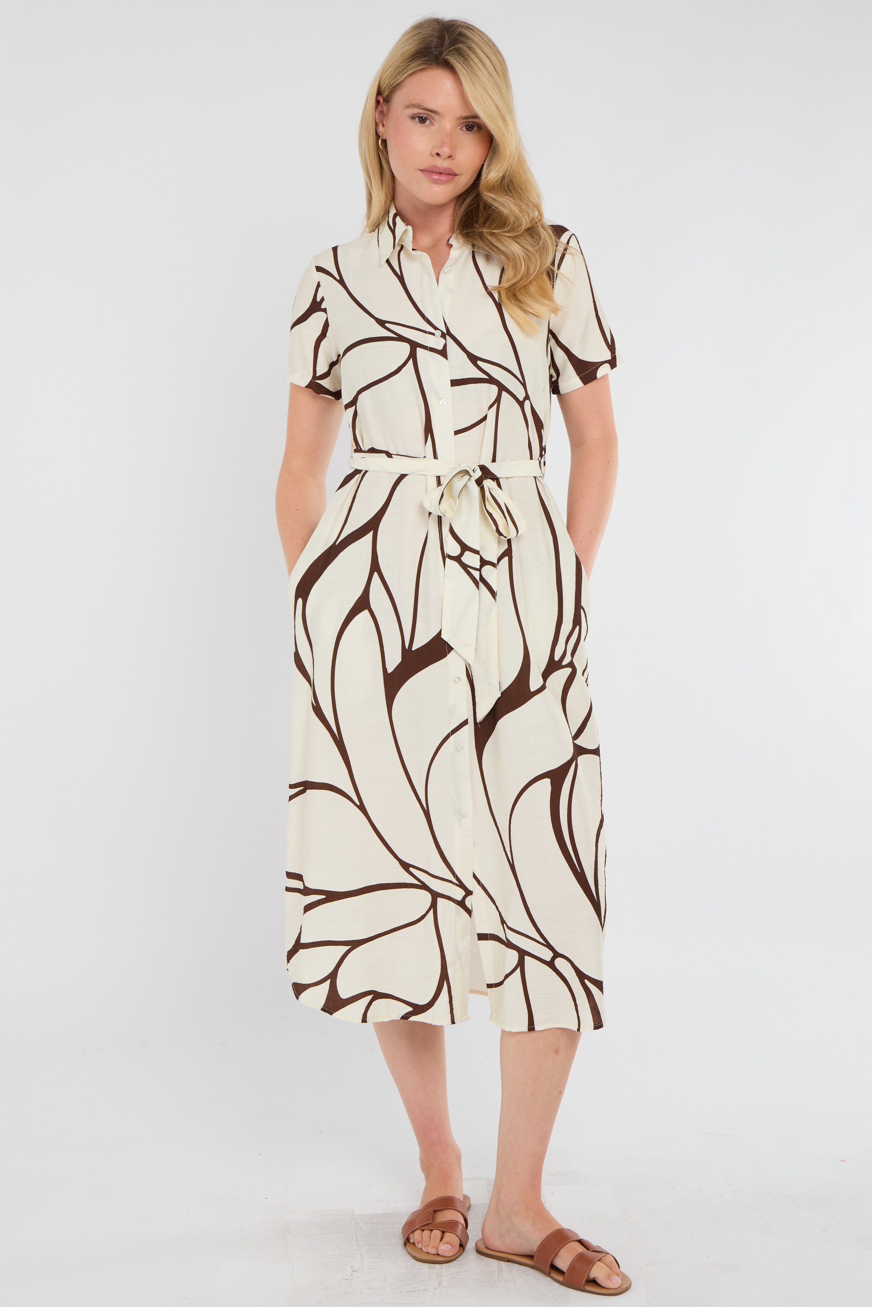 8Pcs Brown Graphic Wave Print Short Sleeve Midi Shirt Dress