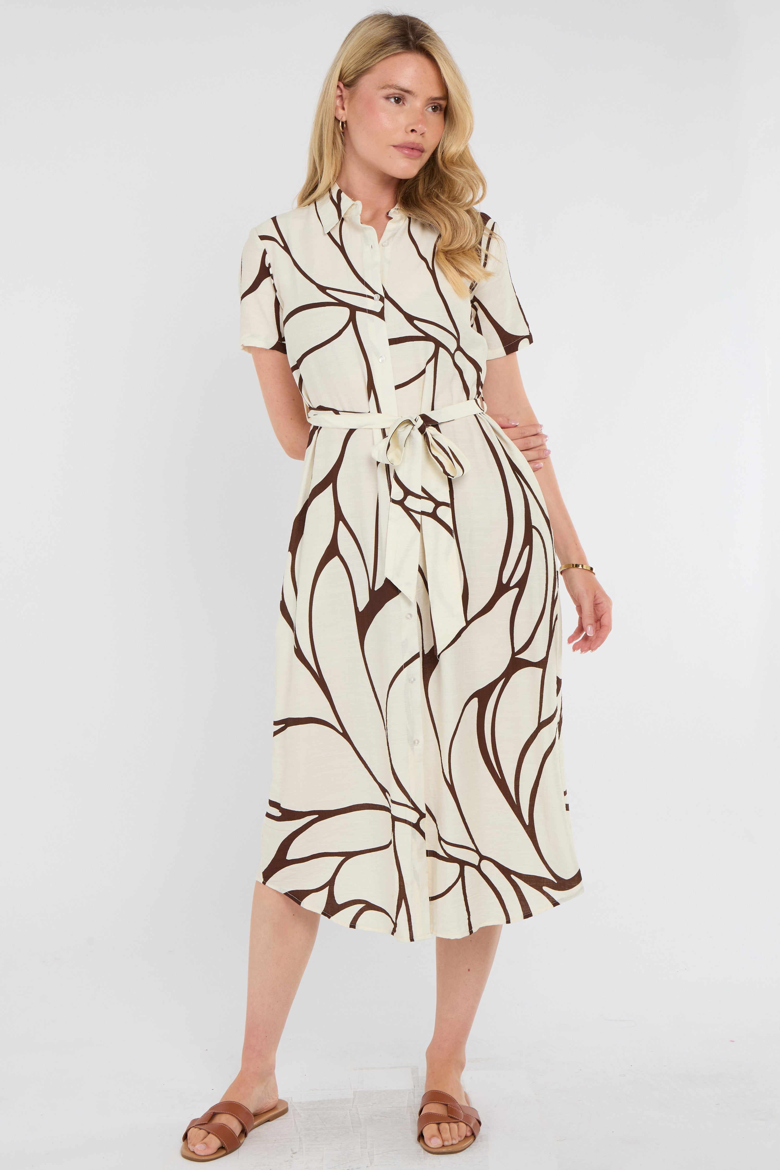8Pcs Brown Graphic Wave Print Short Sleeve Midi Shirt Dress