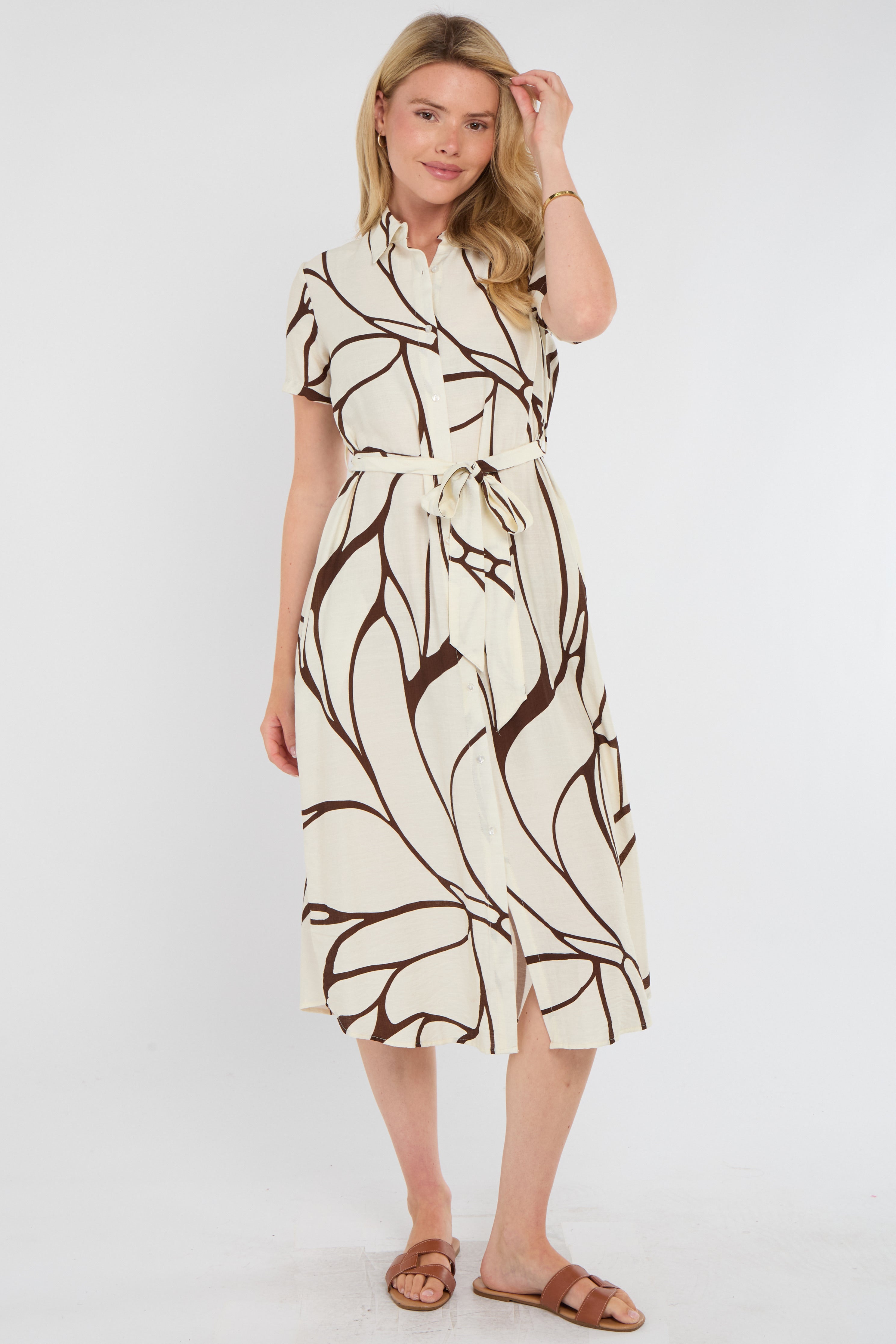 8Pcs Brown Graphic Wave Print Short Sleeve Midi Shirt Dress