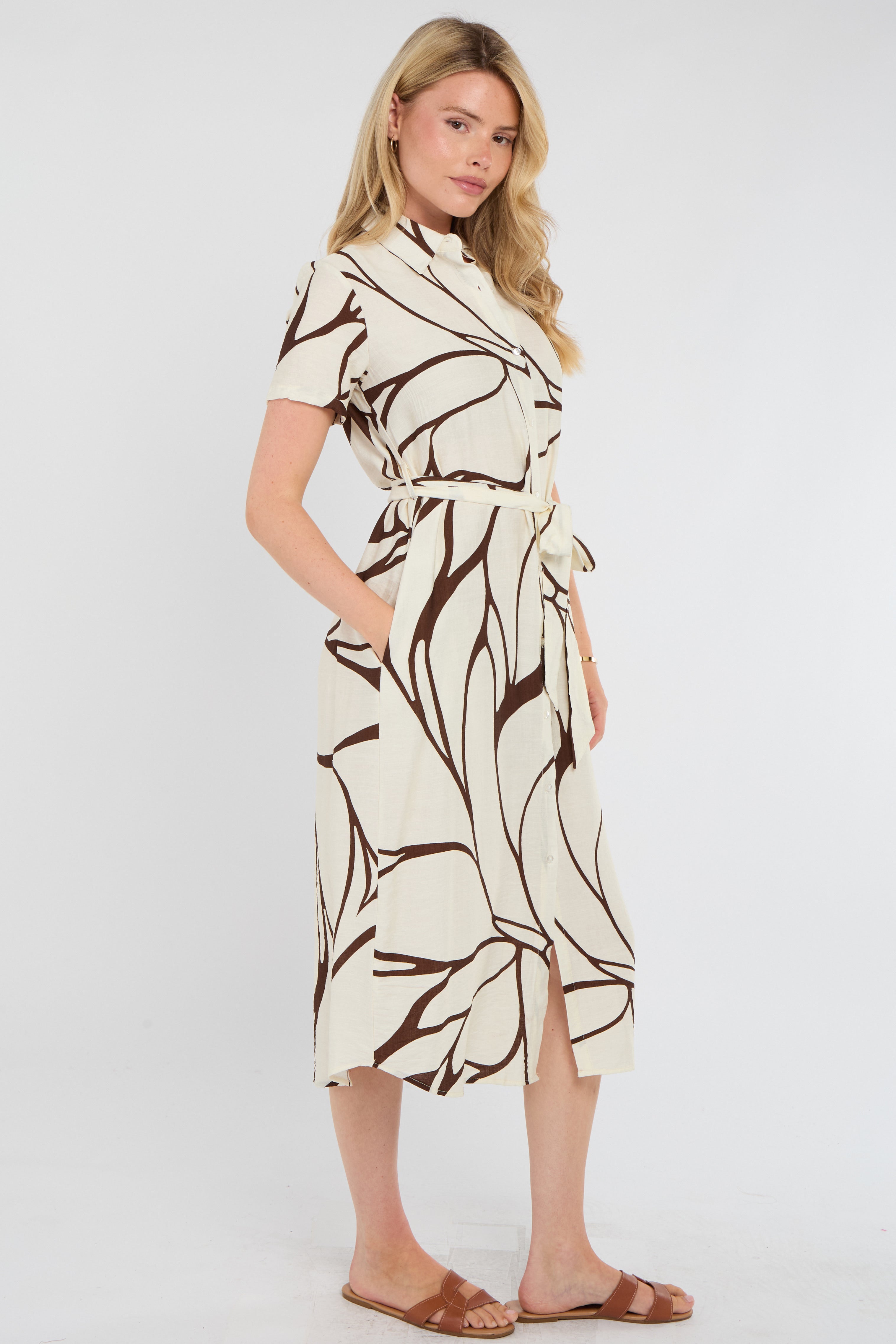 8Pcs Brown Graphic Wave Print Short Sleeve Midi Shirt Dress