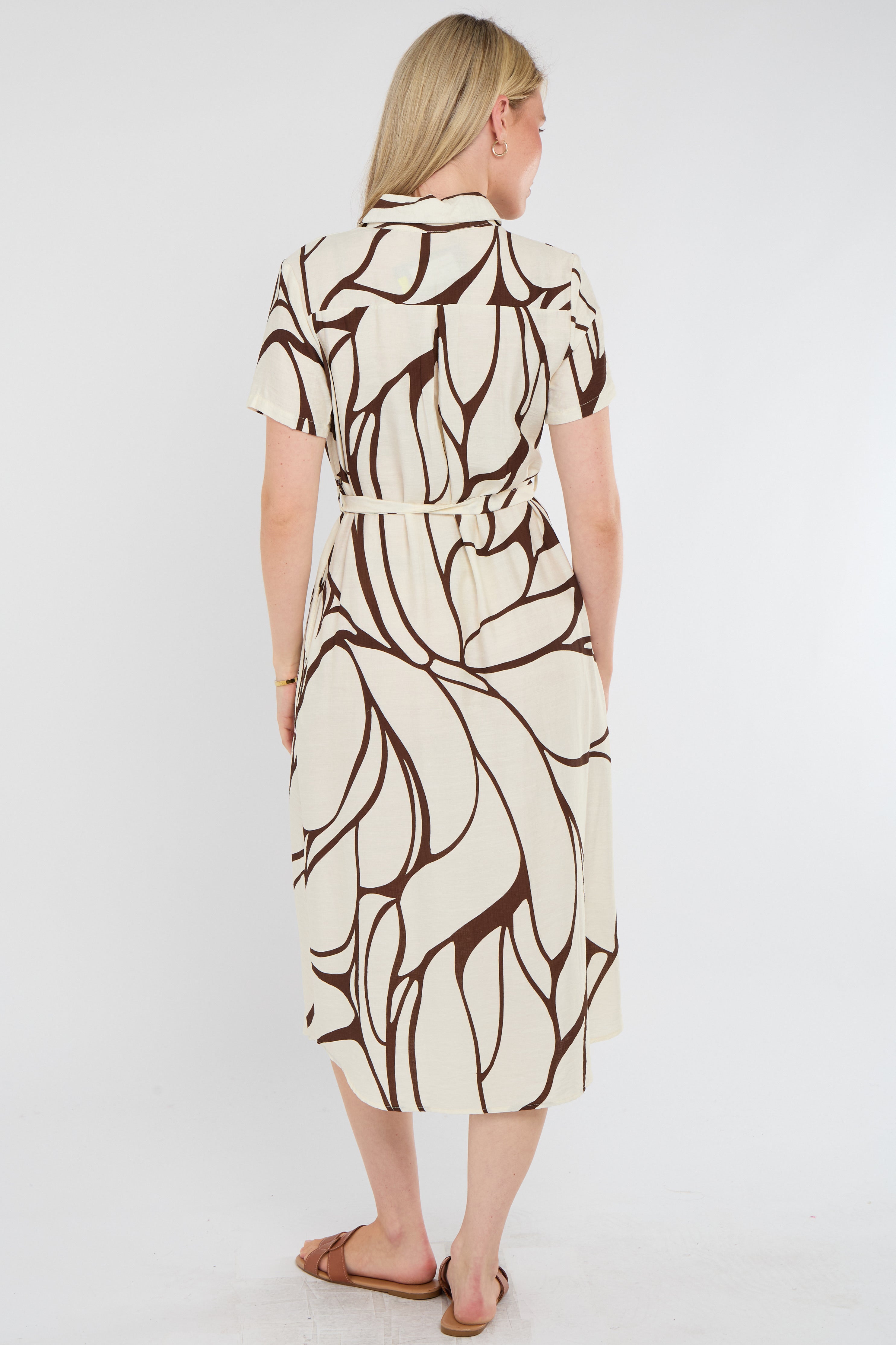 8Pcs Brown Graphic Wave Print Short Sleeve Midi Shirt Dress