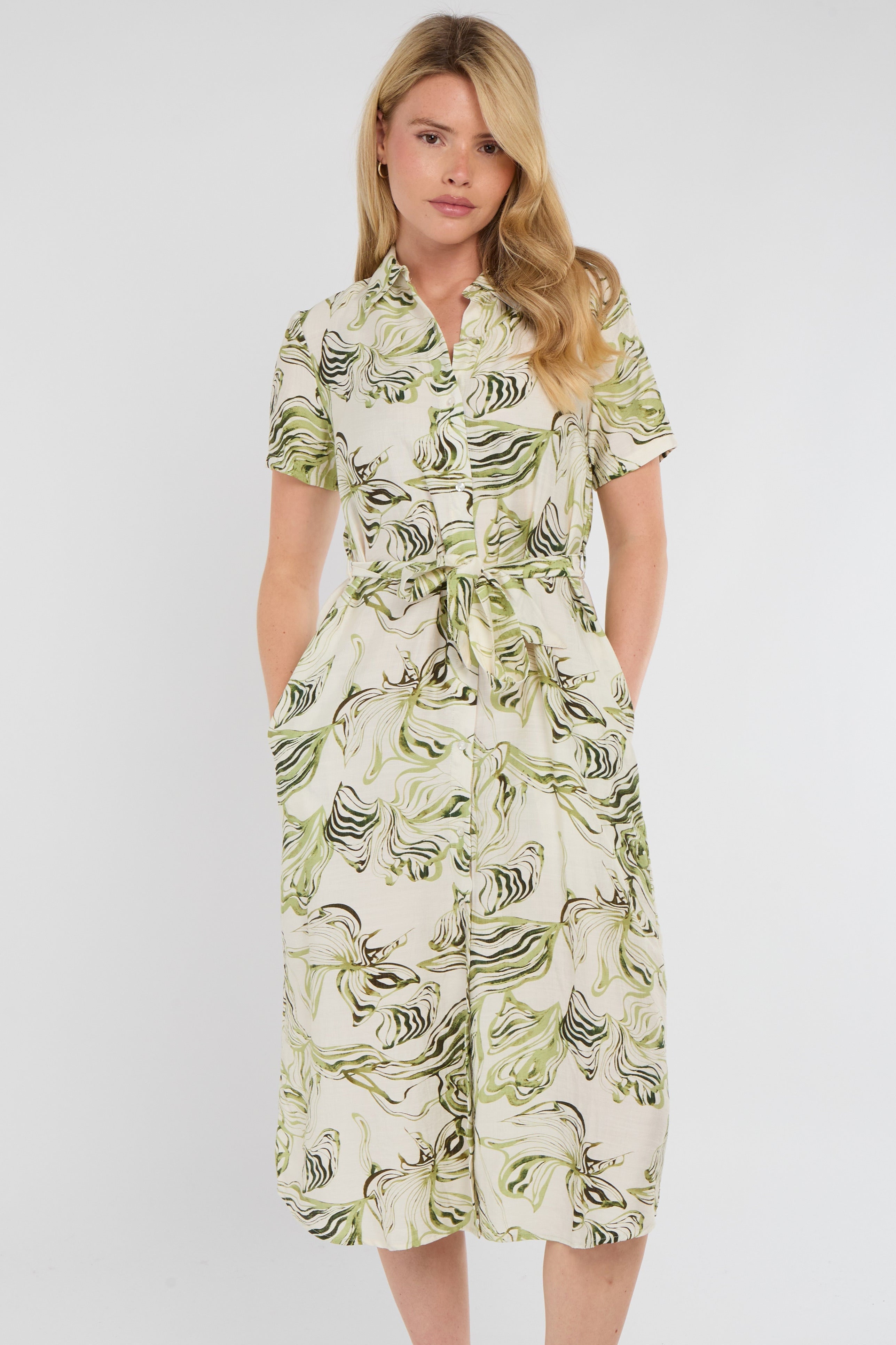 8Pcs Green Swirl Print Short Sleeve Midi Shirt Dress