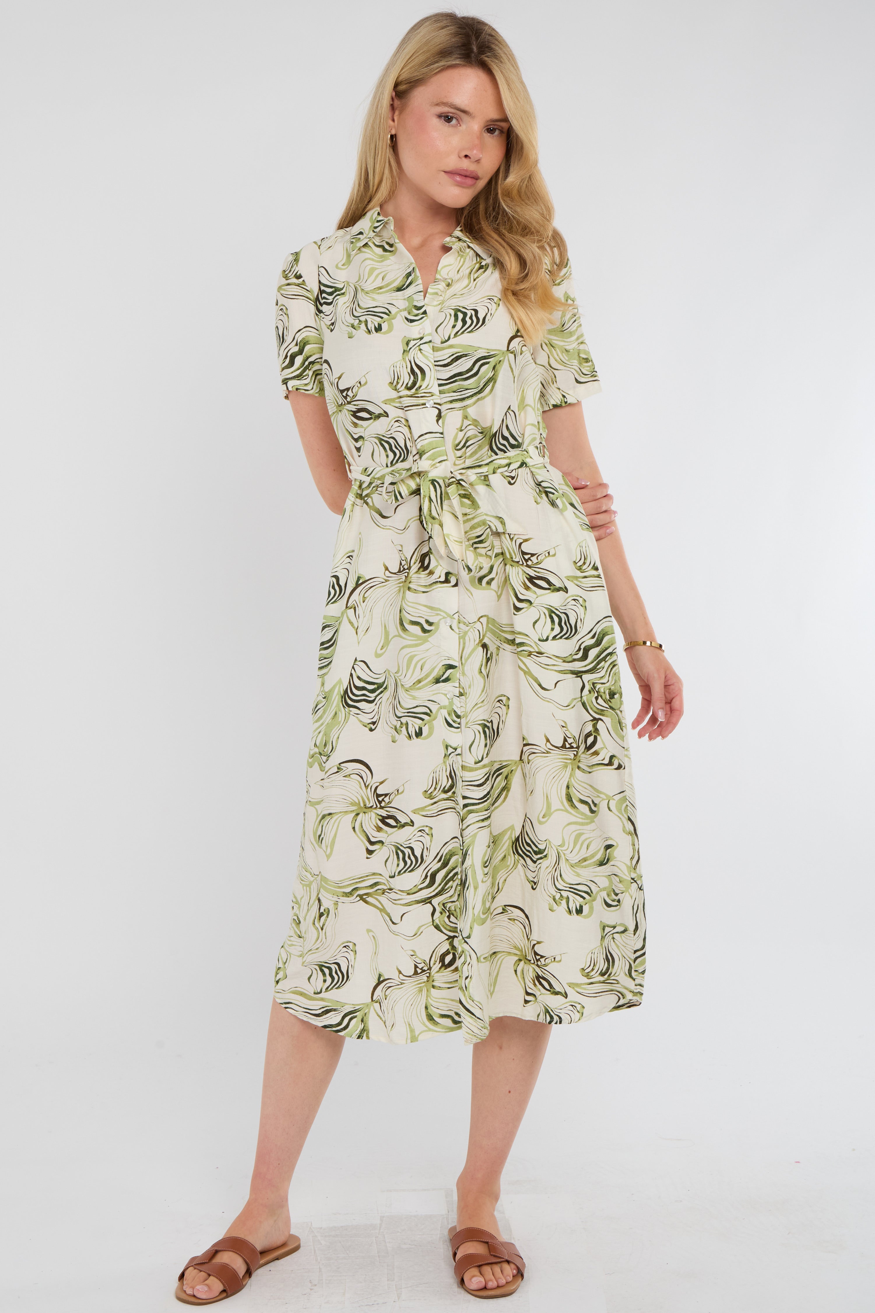 8Pcs Green Swirl Print Short Sleeve Midi Shirt Dress