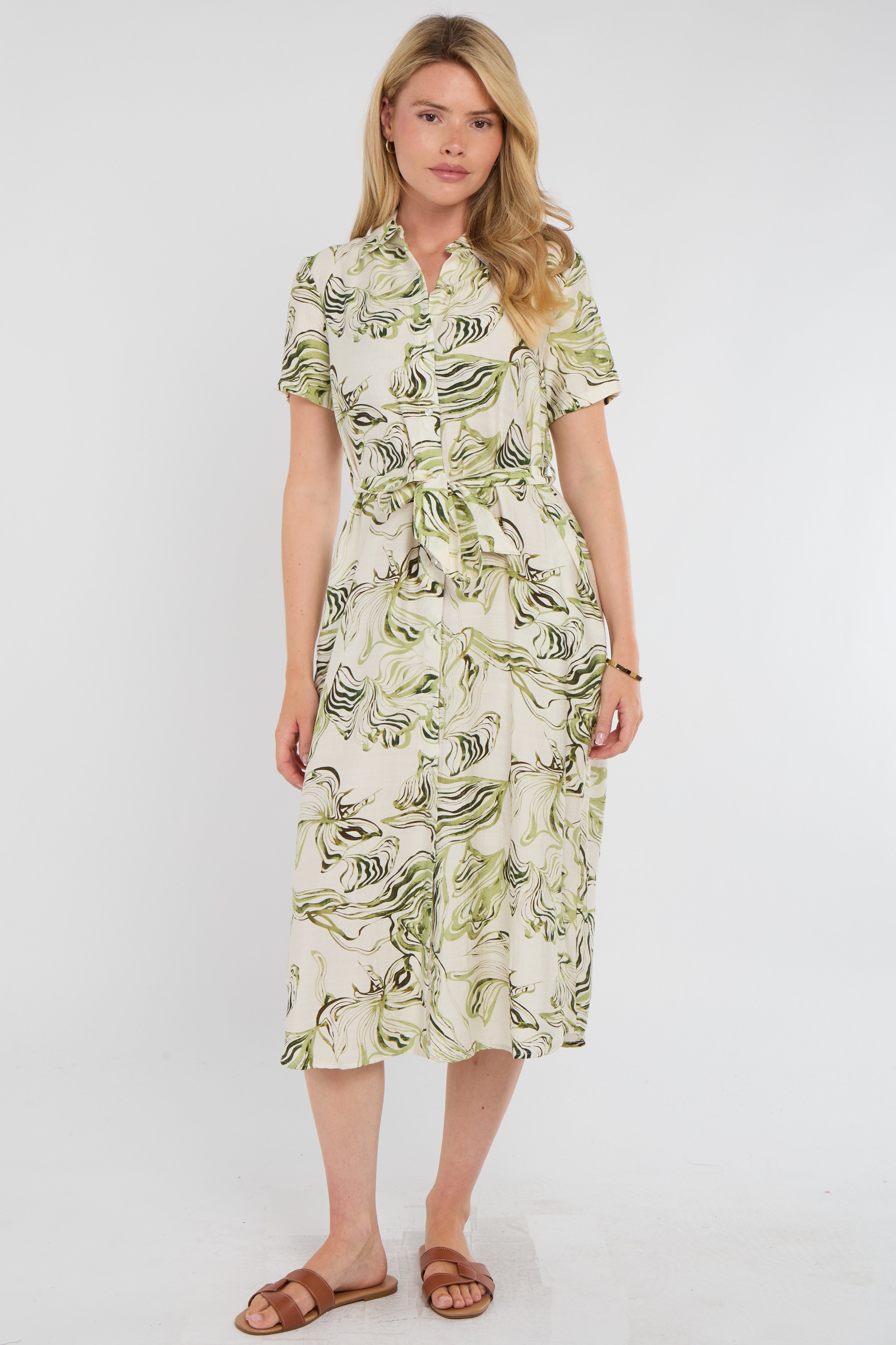 8Pcs Green Swirl Print Short Sleeve Midi Shirt Dress