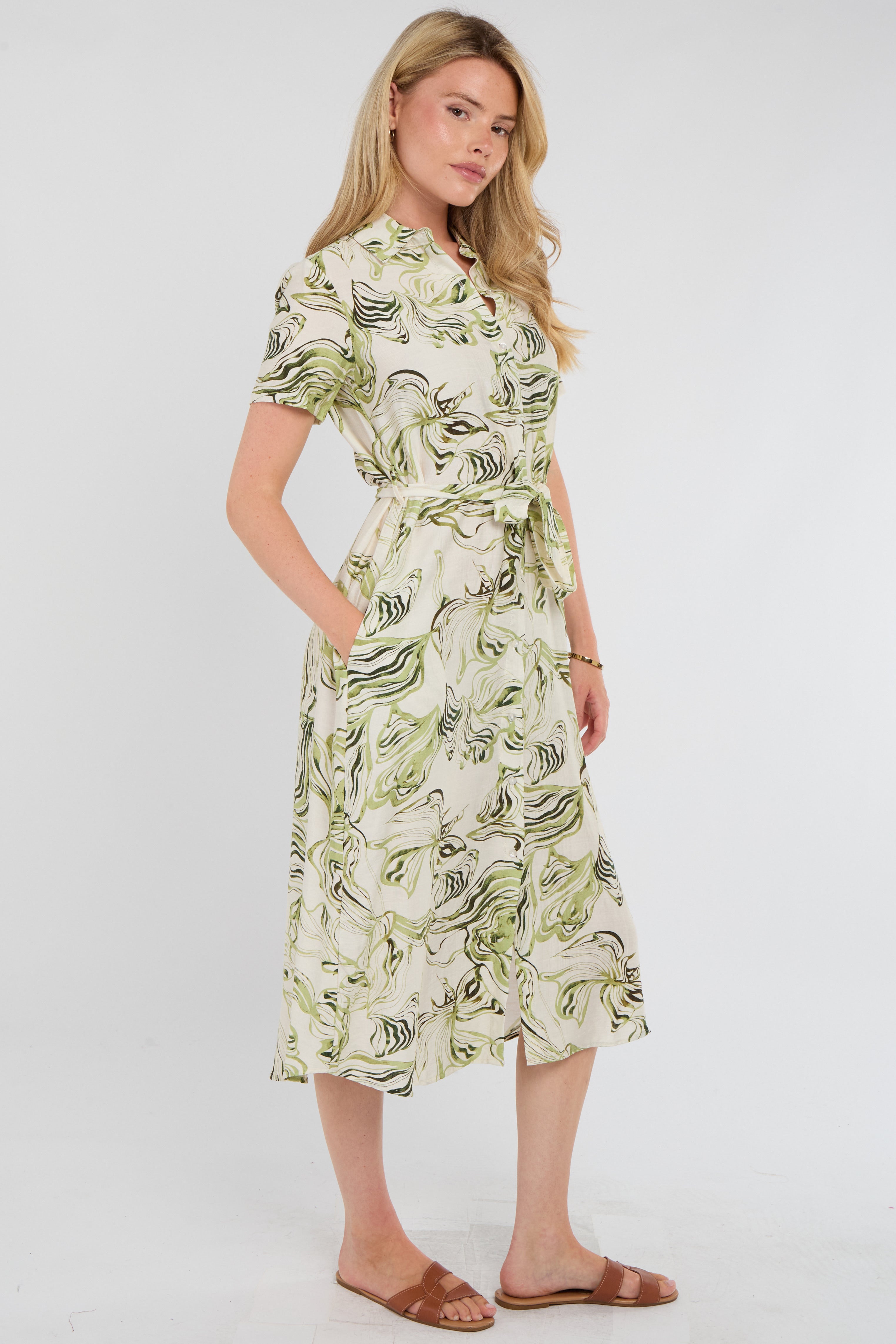 8Pcs Green Swirl Print Short Sleeve Midi Shirt Dress