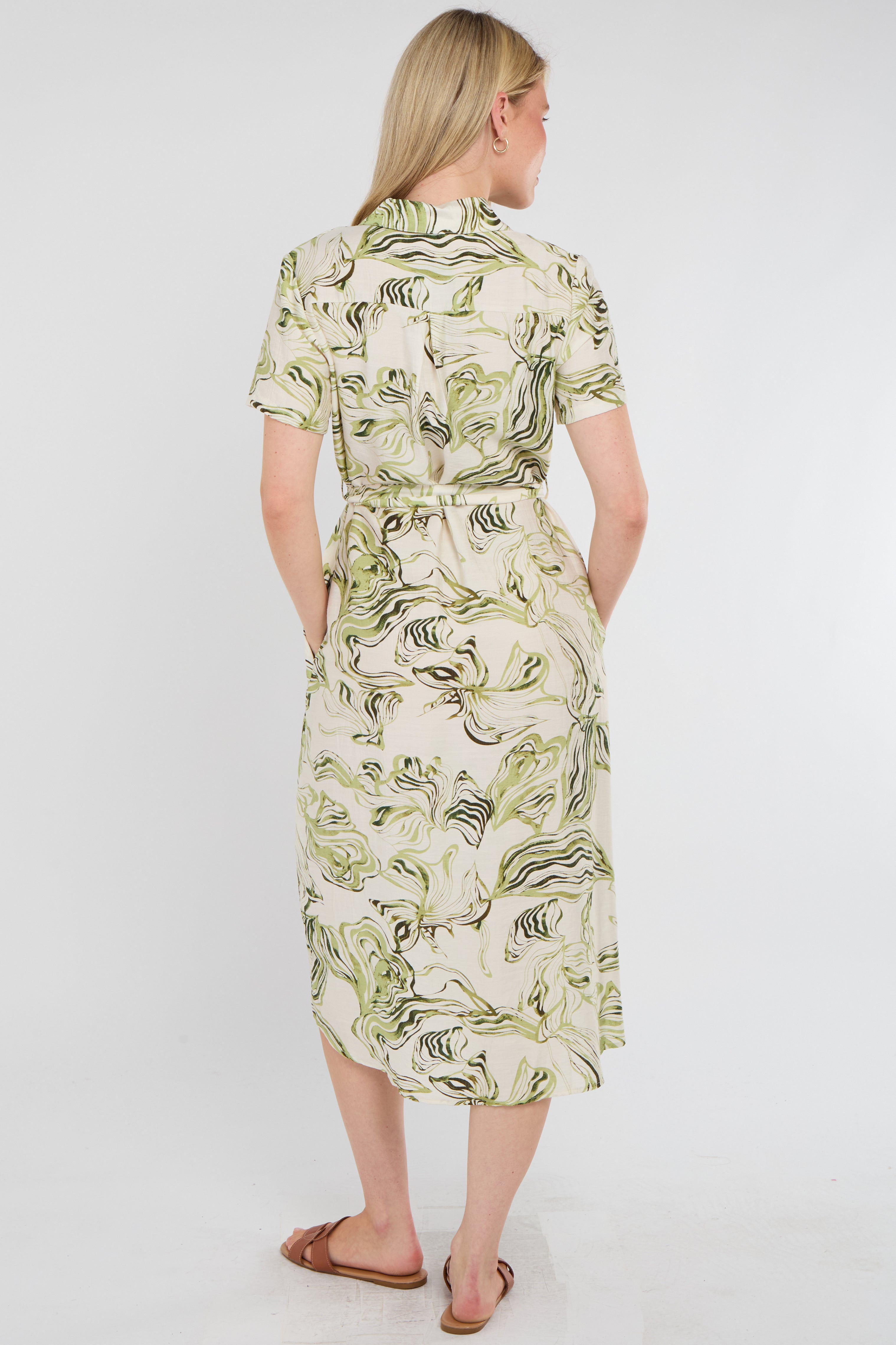 8Pcs Green Swirl Print Short Sleeve Midi Shirt Dress