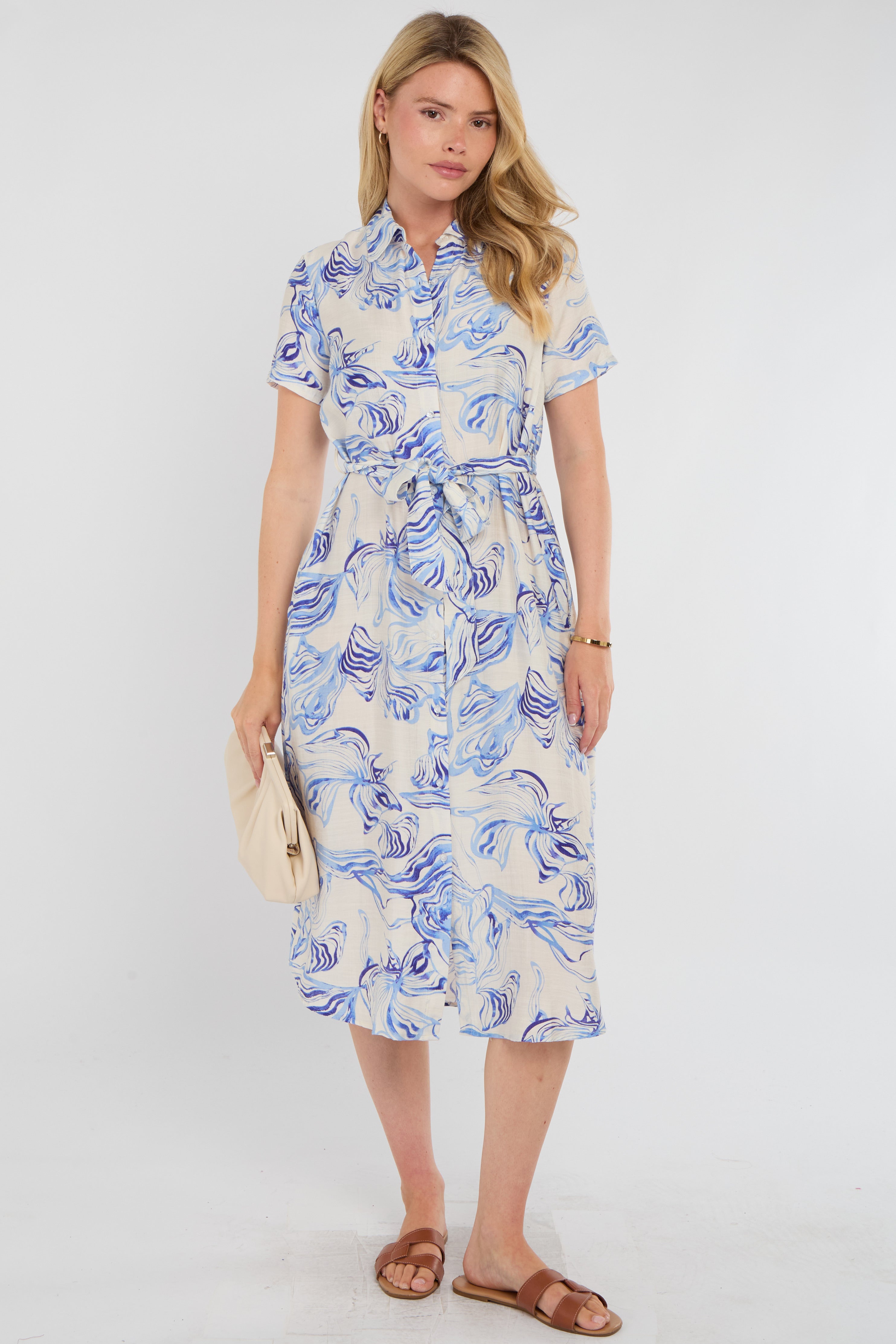 8Pcs Blue Swirl Print Short Sleeve Midi Shirt Dress