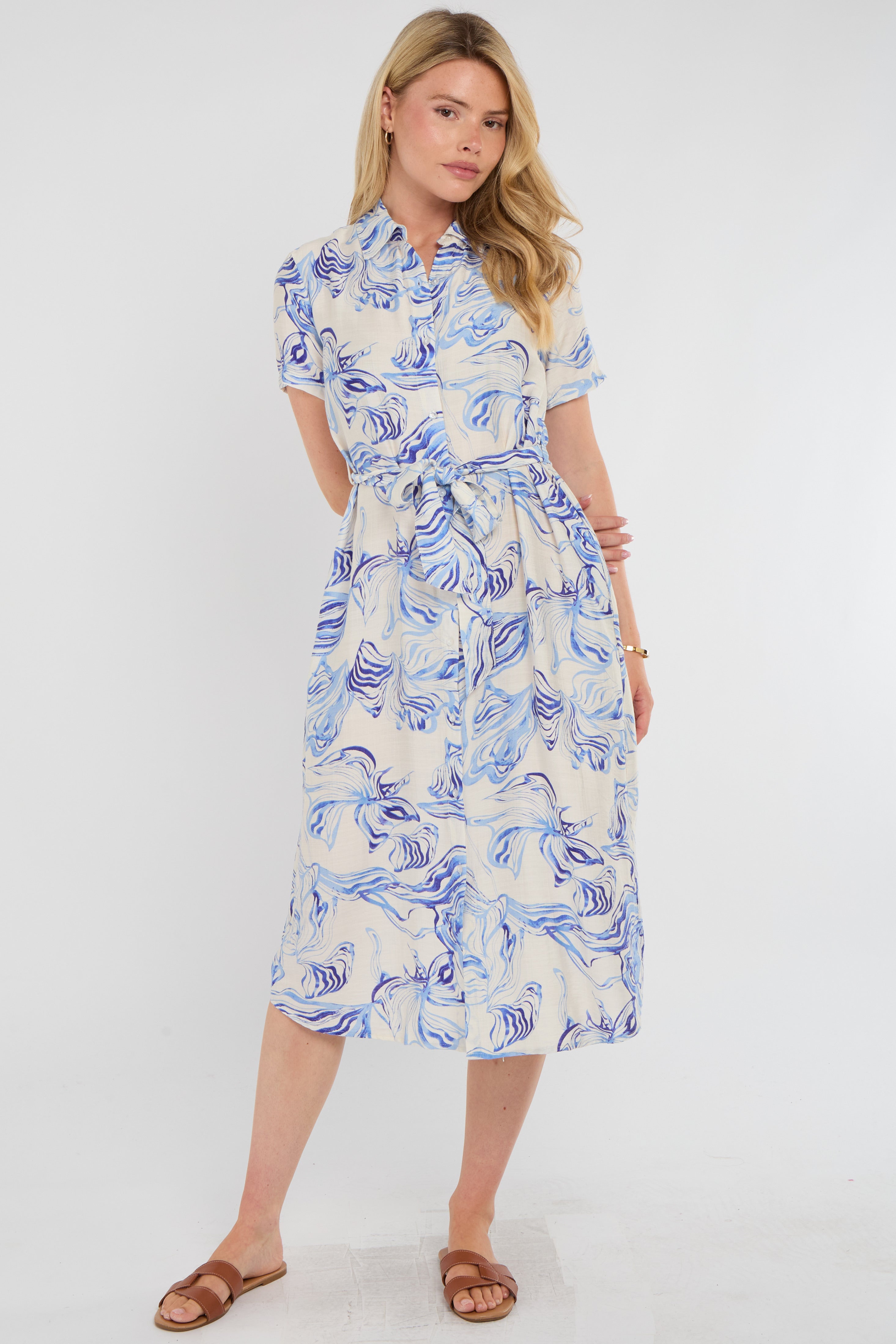 8Pcs Blue Swirl Print Short Sleeve Midi Shirt Dress