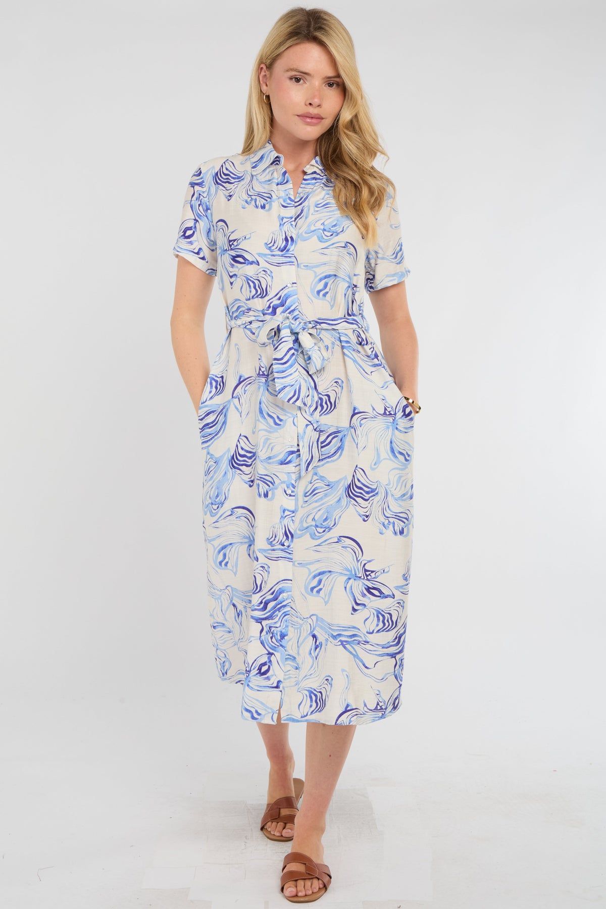 8Pcs Blue Swirl Print Short Sleeve Midi Shirt Dress