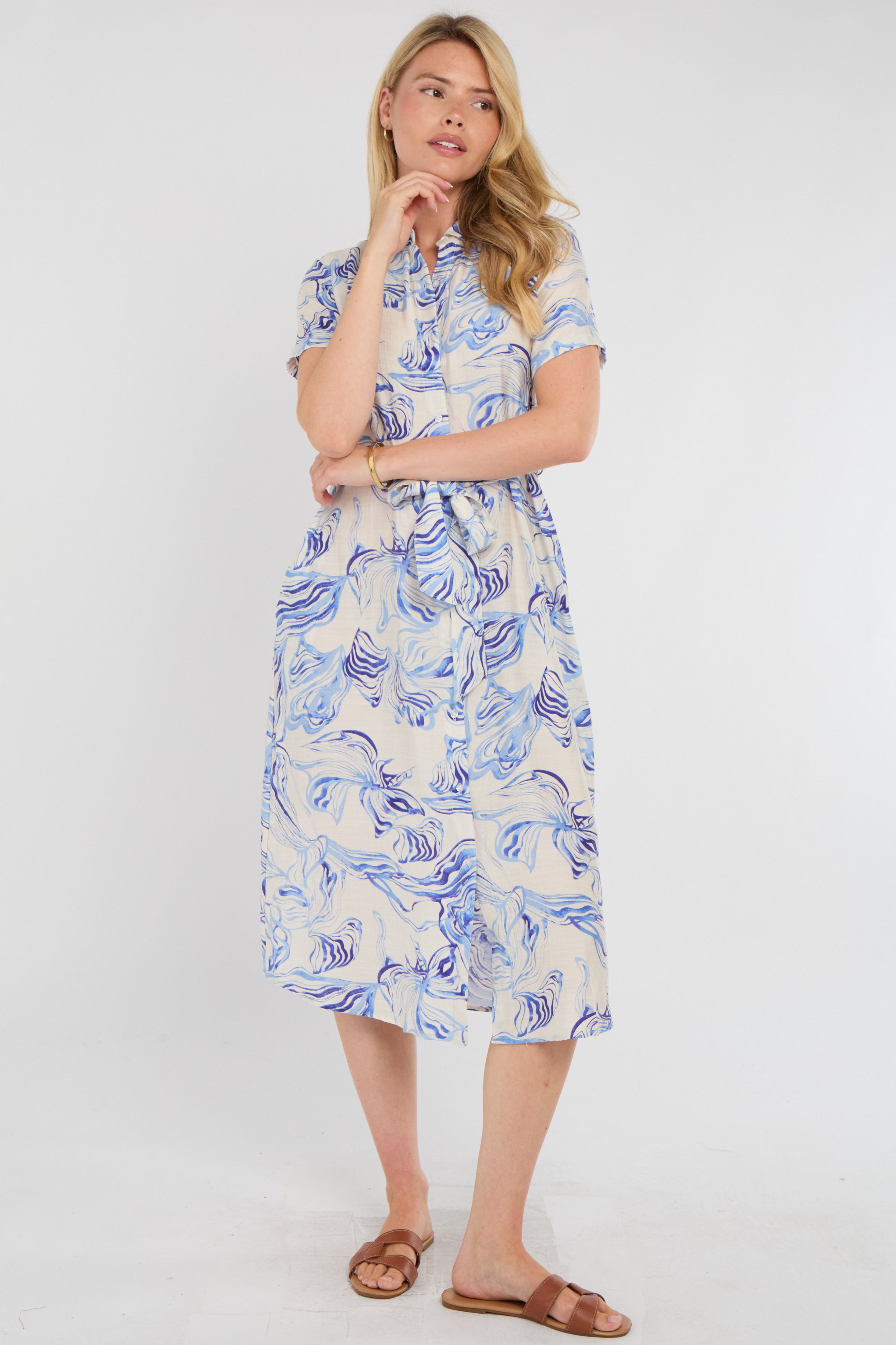 8Pcs Blue Swirl Print Short Sleeve Midi Shirt Dress