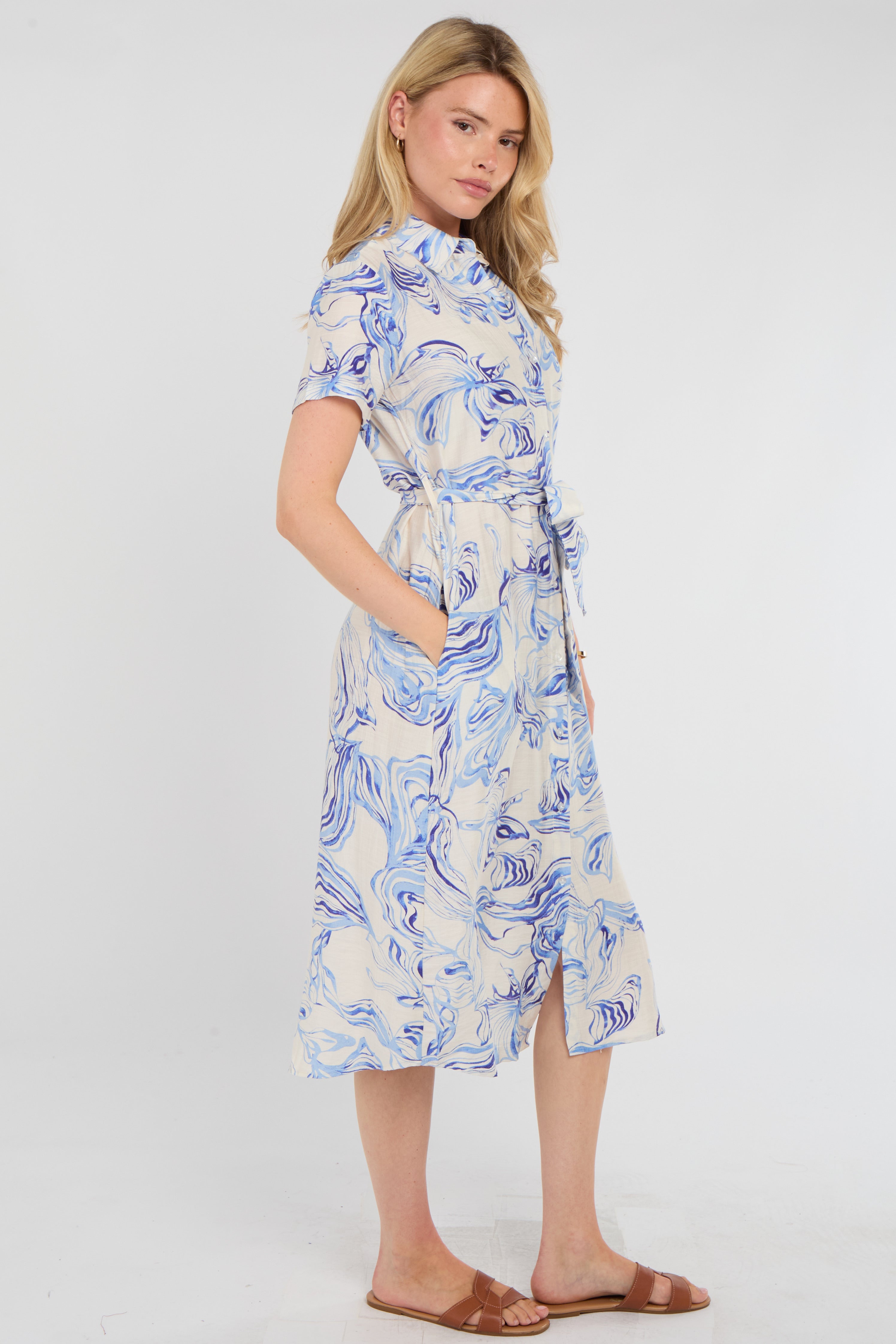 8Pcs Blue Swirl Print Short Sleeve Midi Shirt Dress