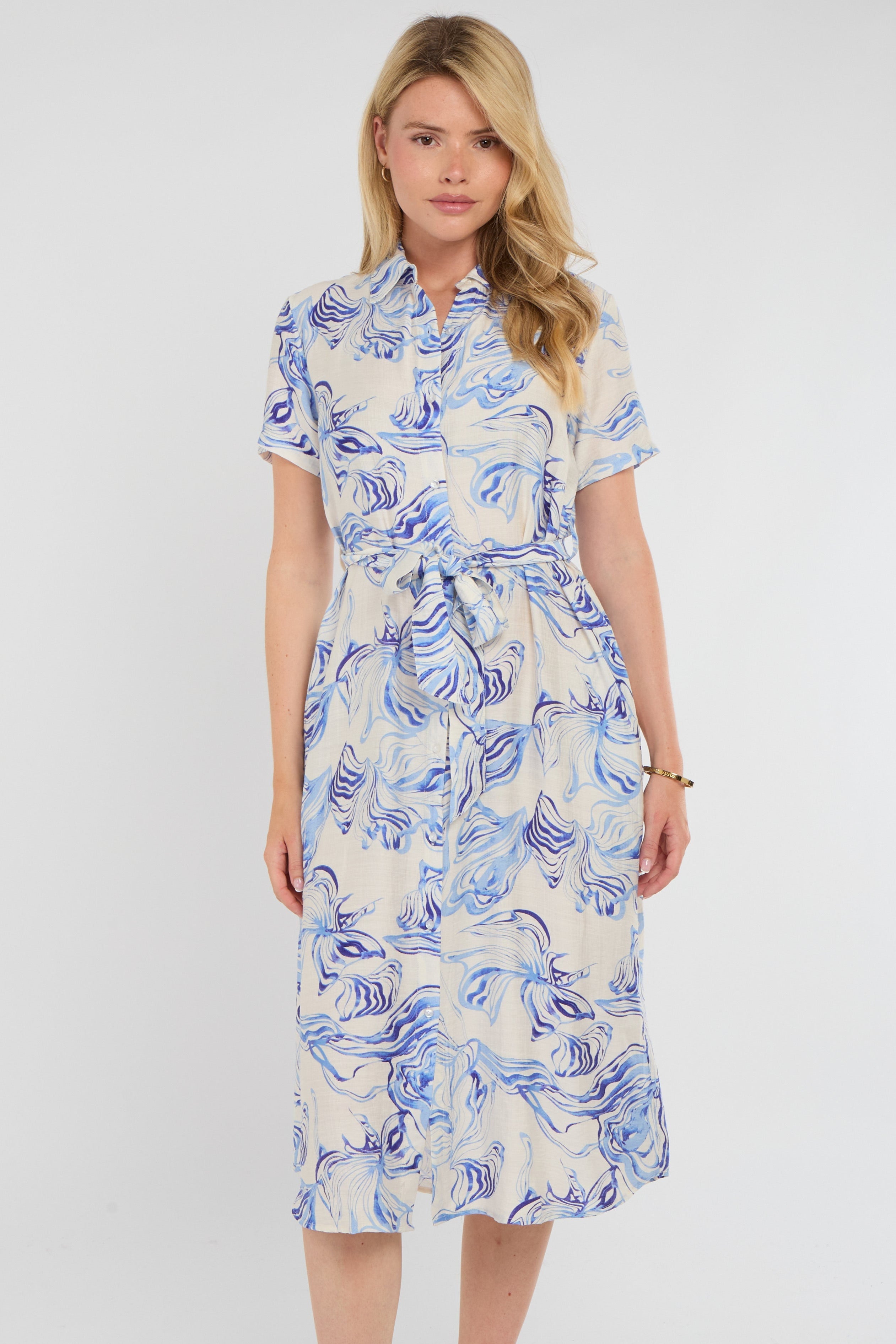 8Pcs Blue Swirl Print Short Sleeve Midi Shirt Dress