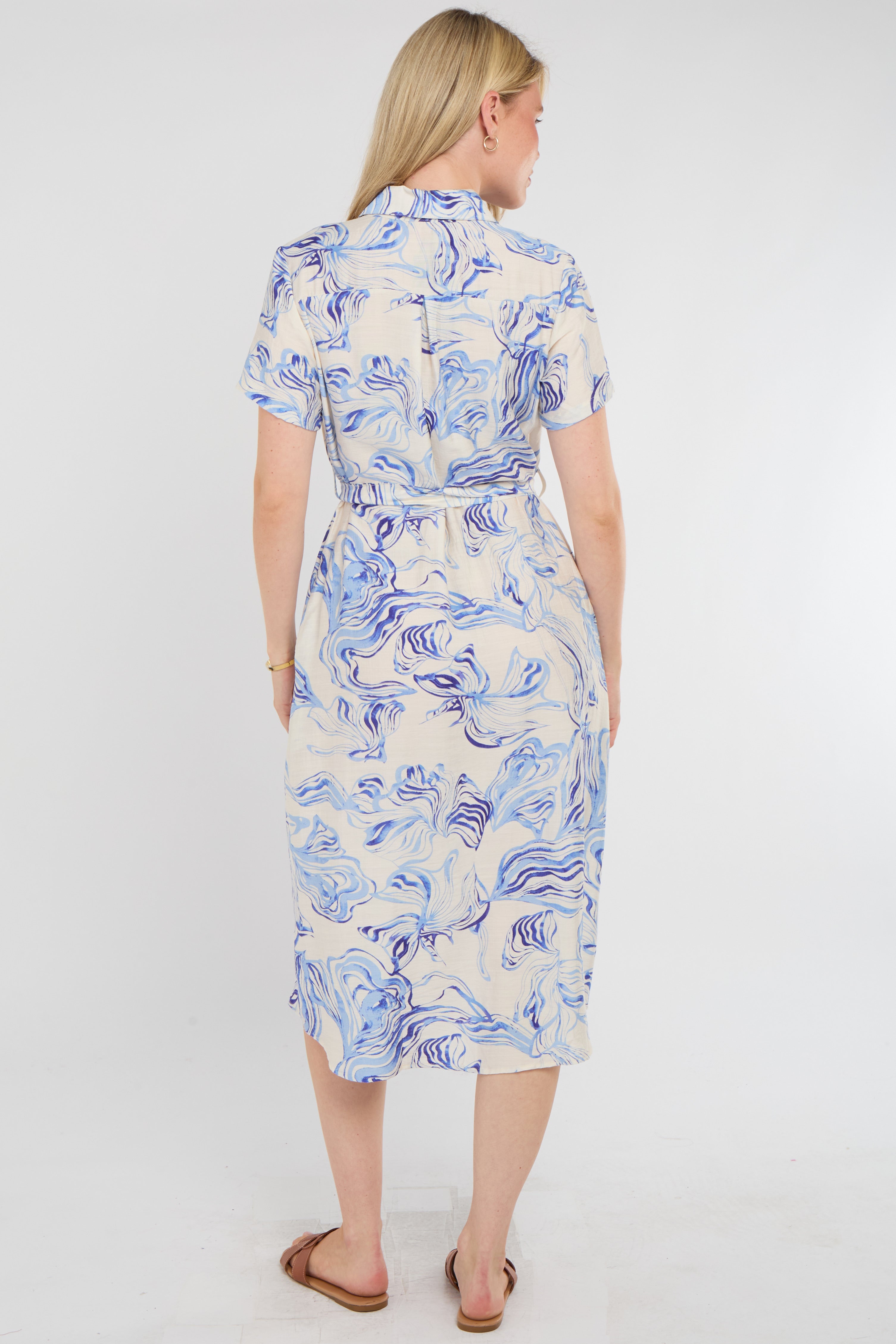 8Pcs Blue Swirl Print Short Sleeve Midi Shirt Dress