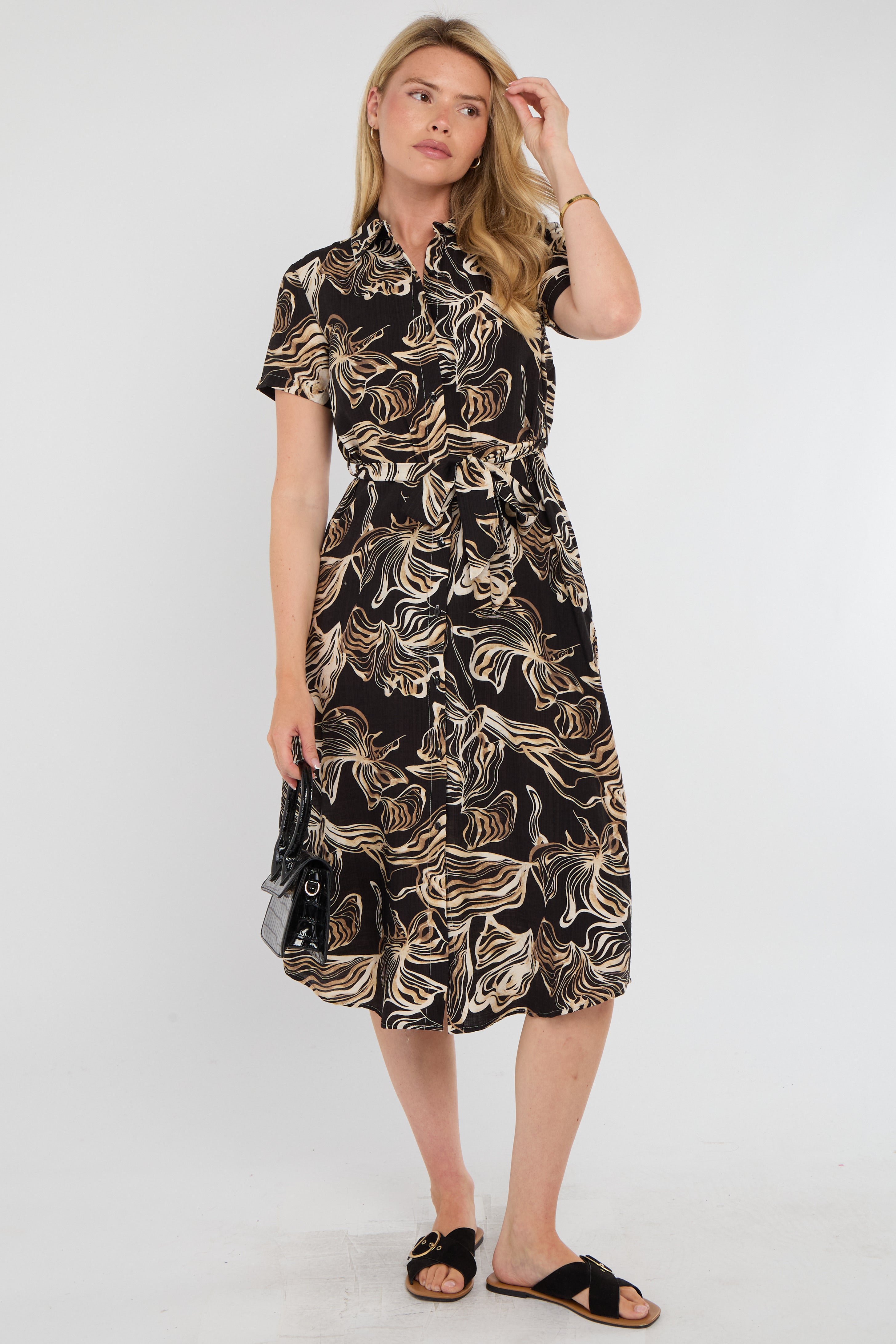 8Pcs Black Swirl Print Short Sleeve Midi Shirt Dress