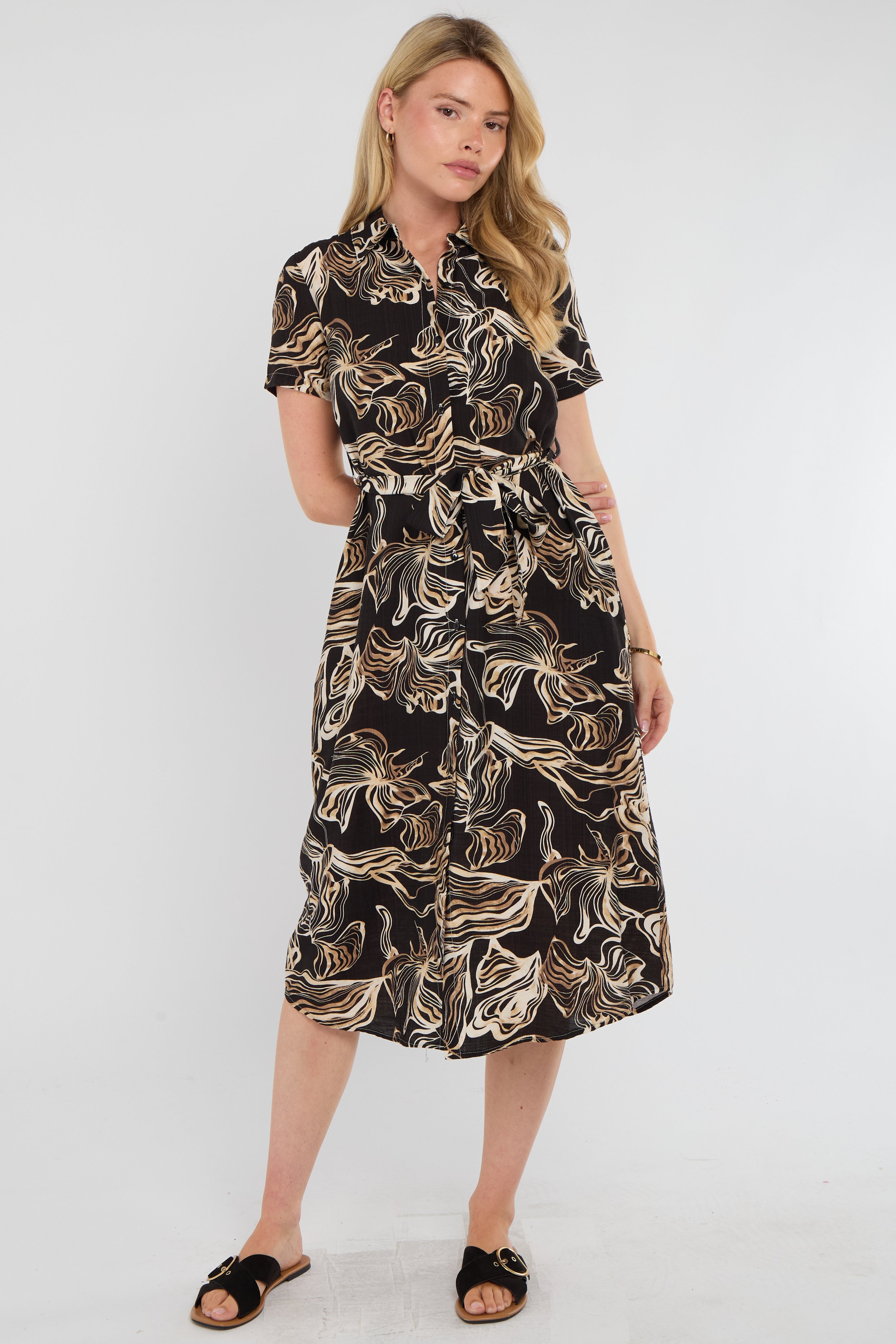 8Pcs Black Swirl Print Short Sleeve Midi Shirt Dress